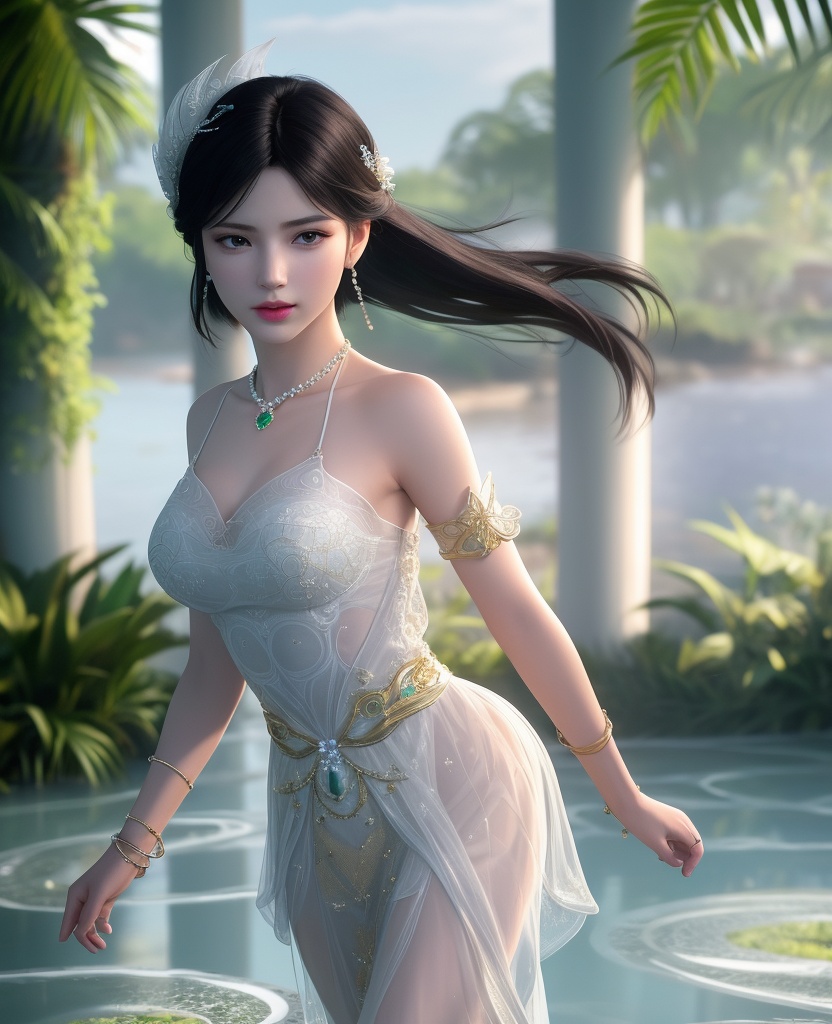 <lora:597-DA-斗破苍穹-萧薰儿-三七分:0.8>(,1girl, ,best quality, ),looking at viewer,  ,ultra detailed background,ultra detailed background,ultra realistic 8k cg,, ,masterpiece,((((1girl, solo,  , solo focus, ,walking on liquid, ))))    (cleavage), (), ,ultra realistic 8k cg,   clean, masterpiece,     cinematic lighting, cinematic bloom, , (( , )),,  , unreal, science fiction, luxury, jewelry, diamond, gold, pearl, gem, sapphire, ruby, emerald, intricate detail, delicate pattern, charming, alluring, seductive, erotic, enchanting, hair ornament, necklace, earrings, bracelet, armlet,,