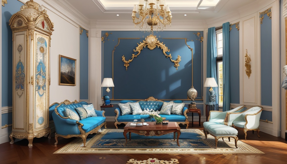 1room, Huali, Europeroom, statue, couch, no humans, indoors, clock, chair, pillow, scenery, table, painting \(object\), carpet, wooden floor, vase, cushion,<lora:SD1.5_Europeroom1.28:0.7>
