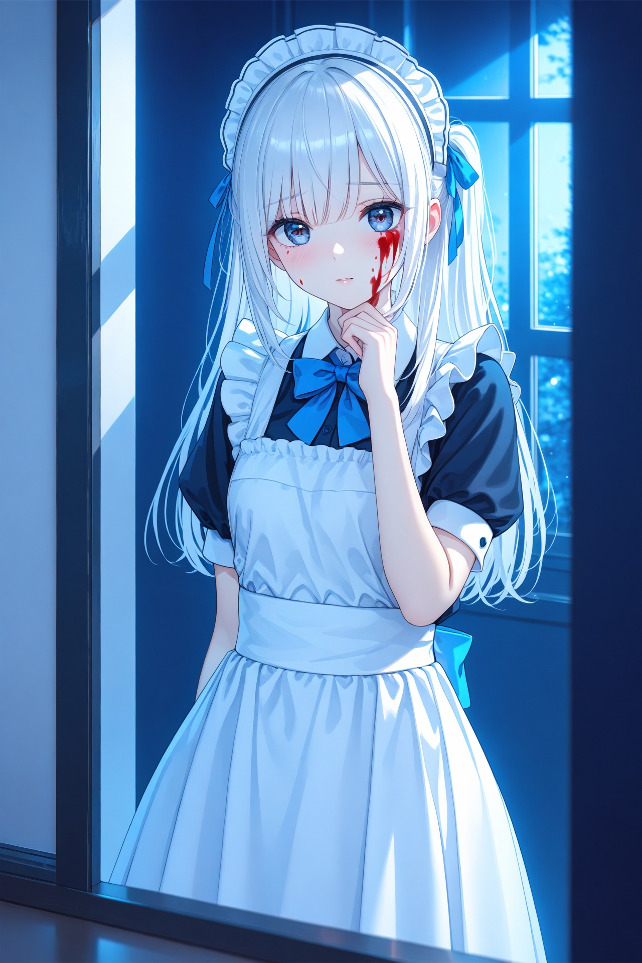 (masterpiece),(best quality),illustration,ultra detailed,hdr,Depth of field,(colorful),Amazing,highres,intricate detail,best illumination,best shadow,(late at night),night,(Dark blue theme),Depth of field,window,White curtains,1girl,solo,bangs,blood on face,dark persona,white hair,Blue bow tie,maid,Short sleeve,apron,maid headdress,long hair,hand on own chin,teary-eyed,blood on clothes,blood,maid apron,