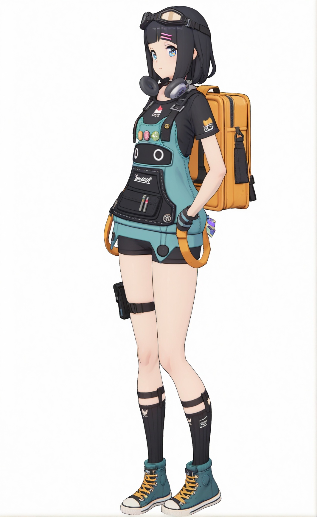 8k, best quality, masterpiece, (ultra-detailed), (high detailed skin), (white background), (full body:1.2), (white background), standing, looking at viewer, (solo:1.2), hands on  hip, <lora:zzzstyle-A3-Tanger-000014:0.8>, suxi, suxi's def clothes, zzz style, 1girl, solo, black hair, backpack, short hair, goggles, blue eyes, bag, socks, 