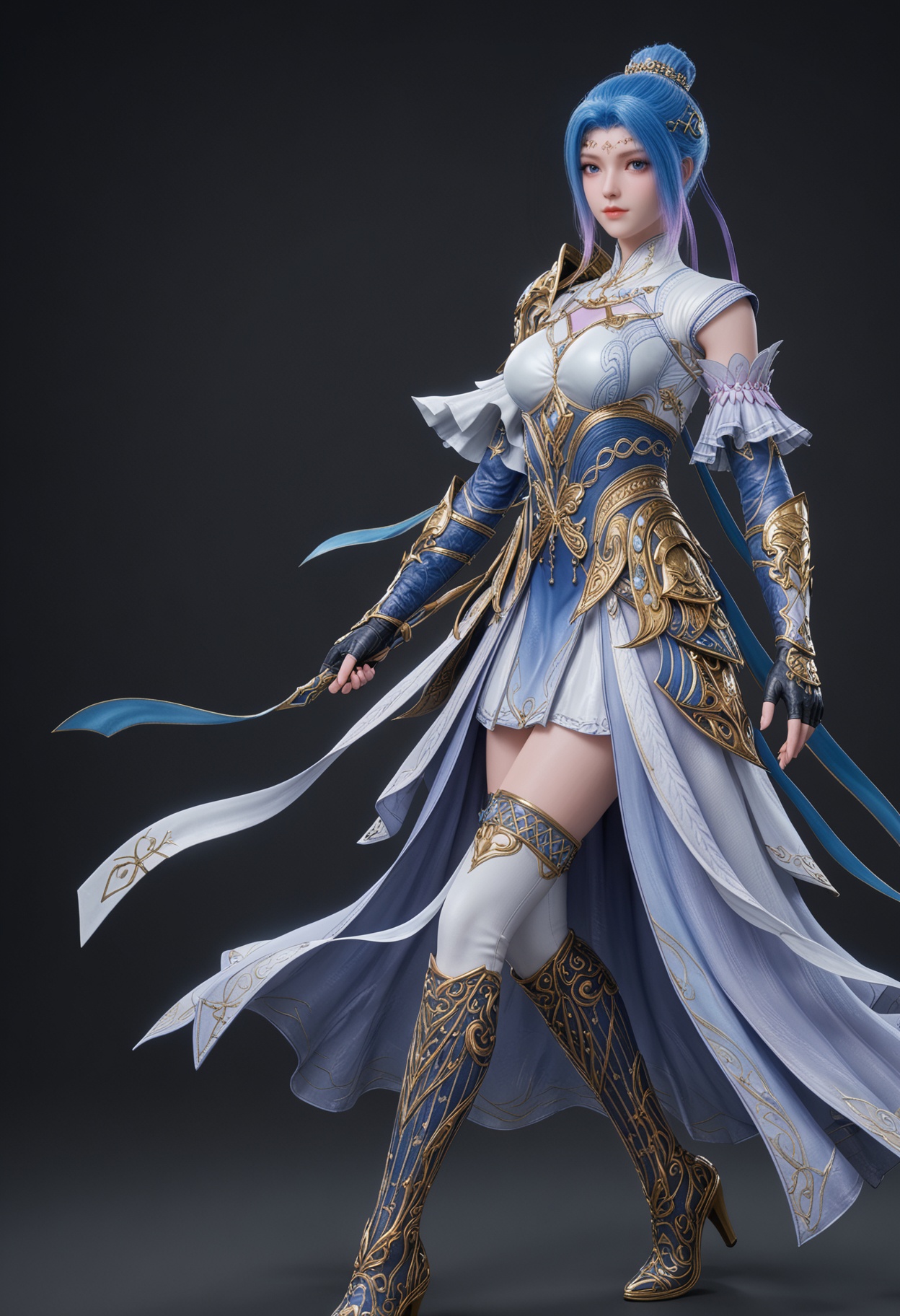 (cowboy shot:1.2),score_9,score_8_up,masterpiece,(best quality),intricate details,facing viewer,(looking at viewer:1.1),<lora:YQ_pony_tangwutong_fuzhuang4_V4:0.8>,q1528437228,1girl,solo,blue hair,dress,blue eyes,hair bun,hair ornament,armor,gloves,single hair bun,forehead mark,white dress,fingerless gloves,boots,thighhighs,shoulder armor,high heels,short hair,long hair,blue dress,high heel boots,black gloves,detached sleeves,knee boots,multicolored hair,pauldrons,jewelry,skirt,white thighhighs,BREAKscore_9,score_8_up,masterpiece,(best quality),perfect anatomy,(hourglass),perfect face,(simple background,pure black background,black background:1.1),fair_skin,shiny_skin,Ivory_skin,