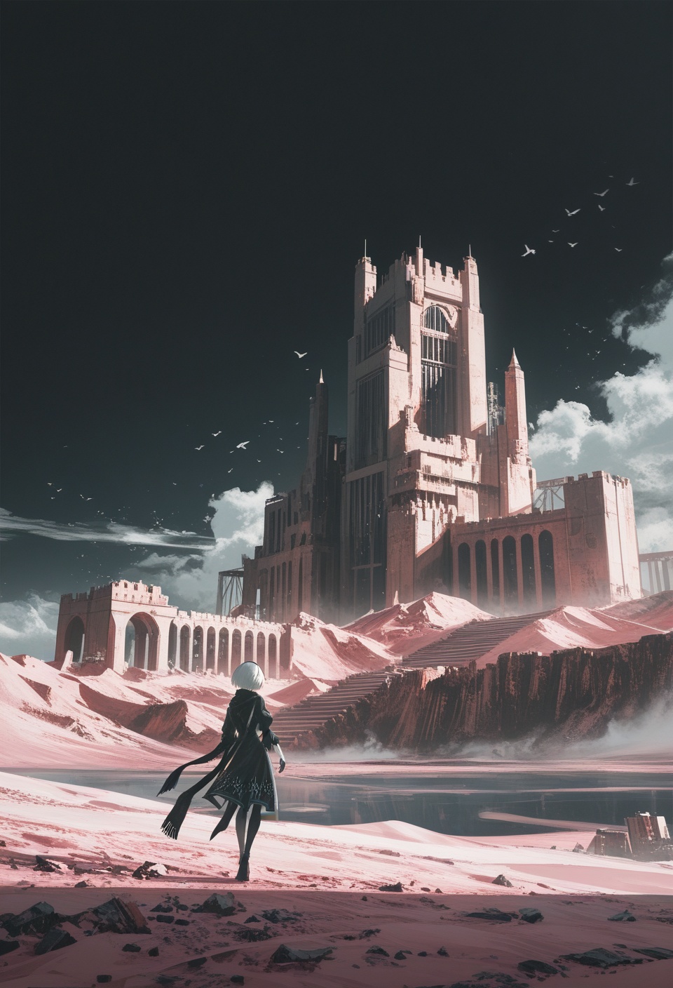 solo,  walking,  black long scarf on Tensor.Art
