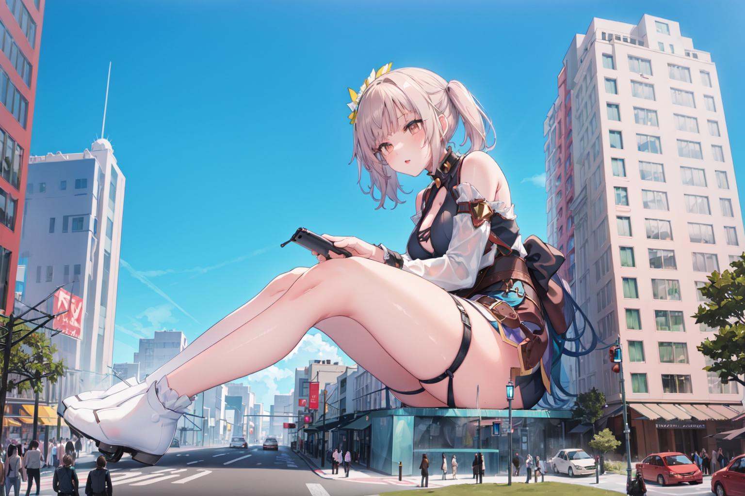 (giantess:1.5),1girl,sitting on building,//////////////,building,crowd,<lora:size:1>