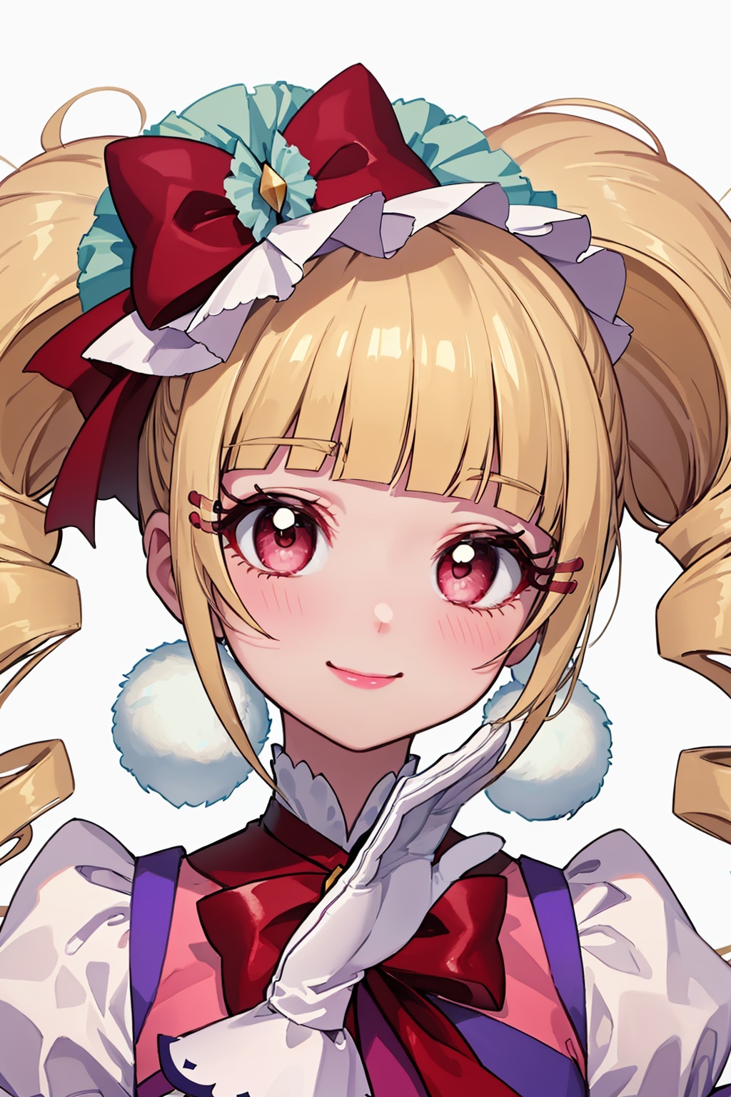 masterpiece,best quality, highly detailed, aisaki emiru,1girl, solo, smile, looking at viewer, simple background, white background, twintails, blush, close-up, closed mouth, white gloves, magical girl, portrait, bow, hands on own face,<lora:aisaki_emiru:1>