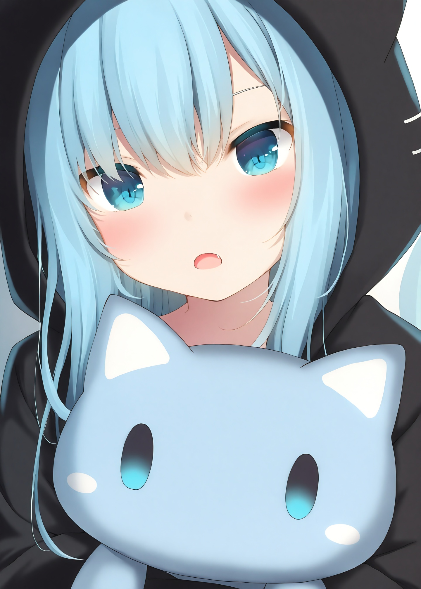 masterpiece,absurdres,best quality,petite,high quality,//,1girl, solo, hood, fang, blue_hair, blue_eyes, stuffed_cat, hair_between_eyes, black_hoodie, looking_at_viewer, open_mouth, hoodie, blush, stuffed_toy, hood_up, cat_hood, portrait, animal_hood, long_hair, stuffed_animal, :o, head_tilt, animal_ears, hugging_object, fake_animal_ears//,<lora:amashiro_natsuki ——【CKXL】hans:1>,