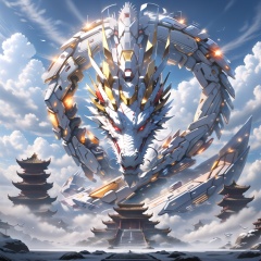 <lora:mecha_loong_v2:0.6>,a mecha dragon,8k, High quality, high quality, morning sunshine, glowing body, mechanical joint, orange led light, high detailed mecha, high-precision mecha, mecha, exoskeleton mechanical armor, mecha dragon, a dragon is flying through the air with clouds in the background and a building in the foreground with a sky background, red eyes, outdoors, horns, sky, growing joint, day, cloud, blue sky, no humans, glowing, cloudy sky, scenery, dragon, architecture, east asian architecture, eastern dragon, pagoda, building, flying, jet device, high detailed, white mecha, HD, black joint