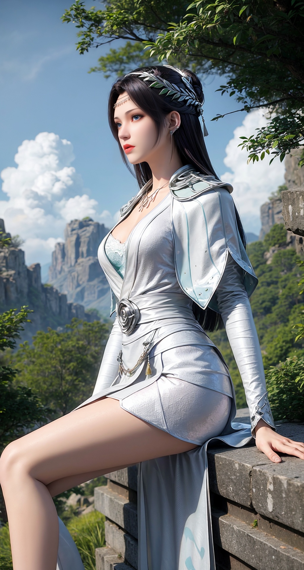 1girl,solo,jewelry,necklace,long hair,blue eyes,looking_at_viewer,hair ornament,white dress,purple hair,tassel earrings,headpiece,solo_focus,long_legs,fair_skin,<lora:add_detail细节增加:0.8>,scenery,outdoors,sky,day,mountain,cloud,nature,cliff,forest,incredibly absurdres,realistic,reality,expressionless,<lora:云韵:0.6>,bare_legs,