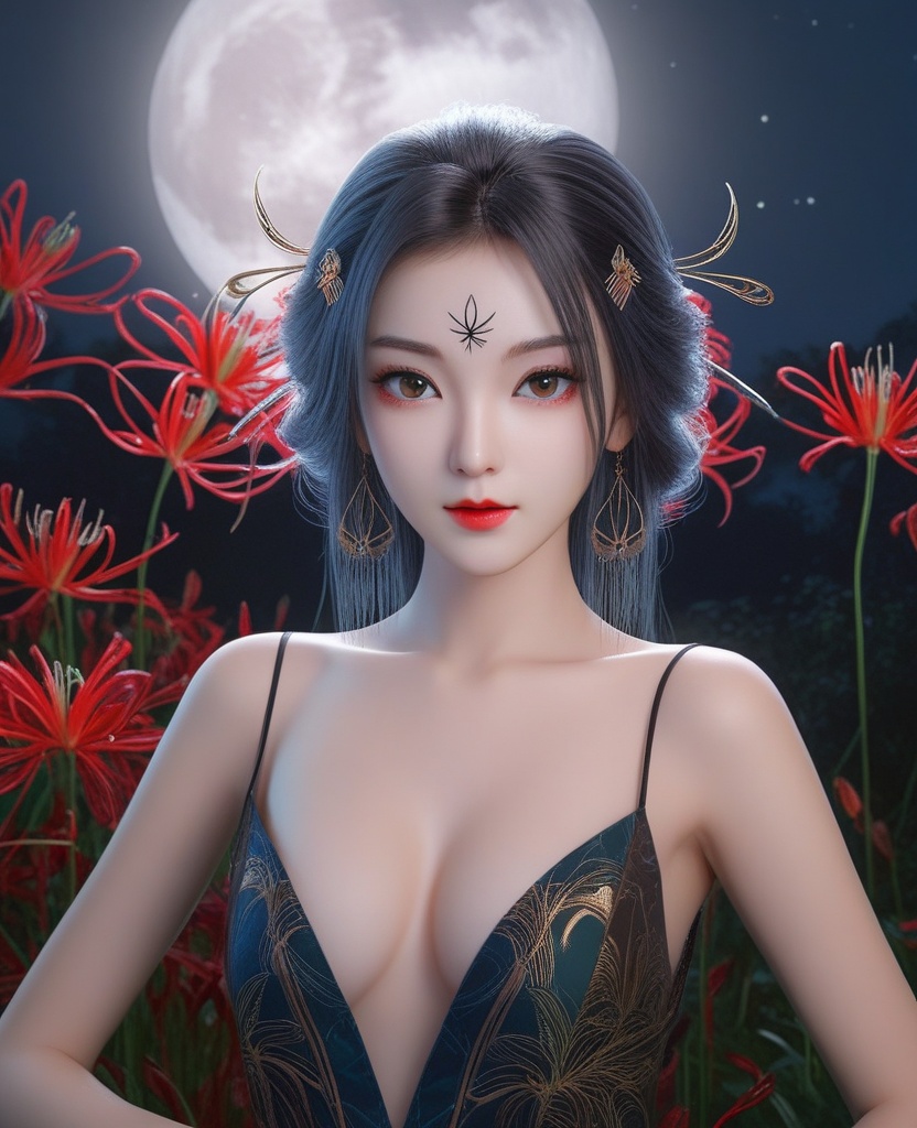<lora:571-DA-XL-眷思量-奉眠:0.8>(,1girl, ,best quality, ),looking at viewer,  ,,ultra detailed background,ultra detailed background,ultra realistic 8k cg, ,masterpiece, spider lily,full moon, (cleavage), (),