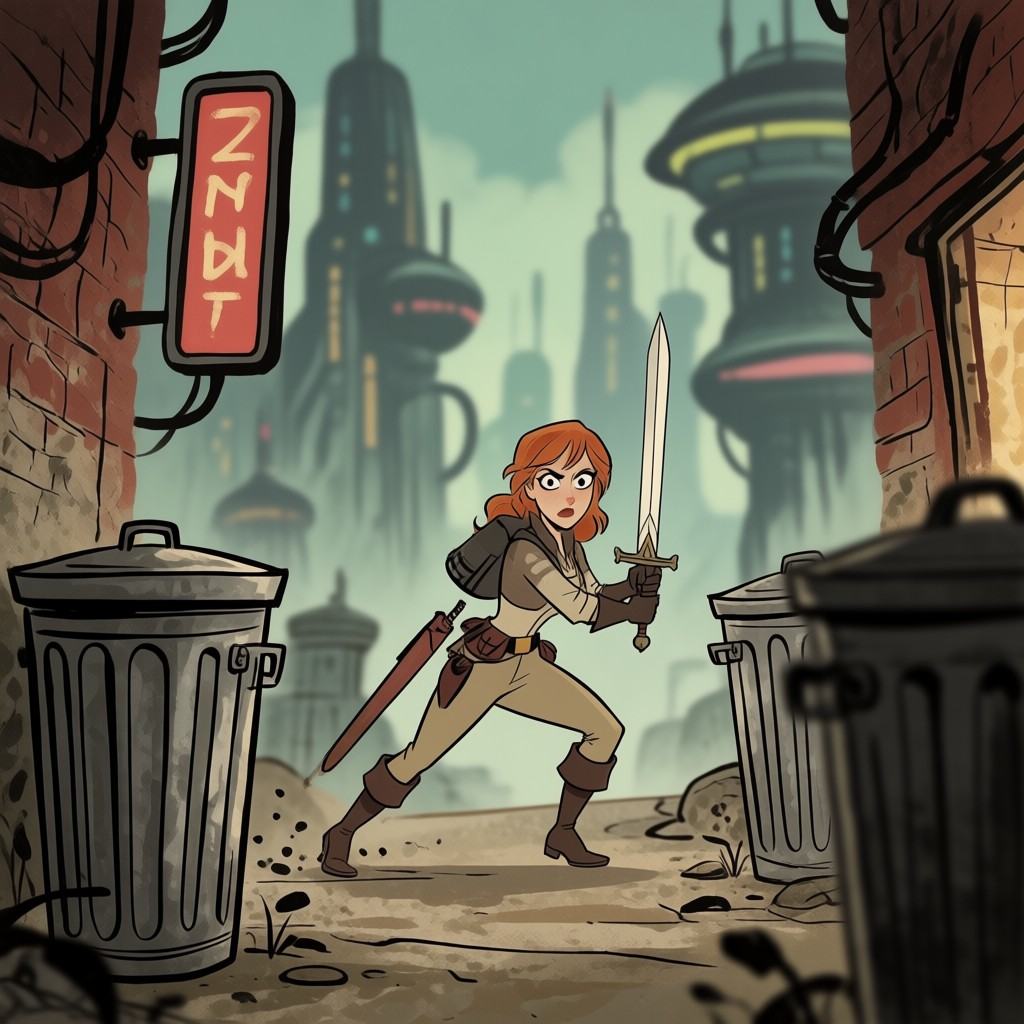 a woman holding a sword,  sneaking behind some trash cans,  vaguely futuristic city in the background on Tensor.Art