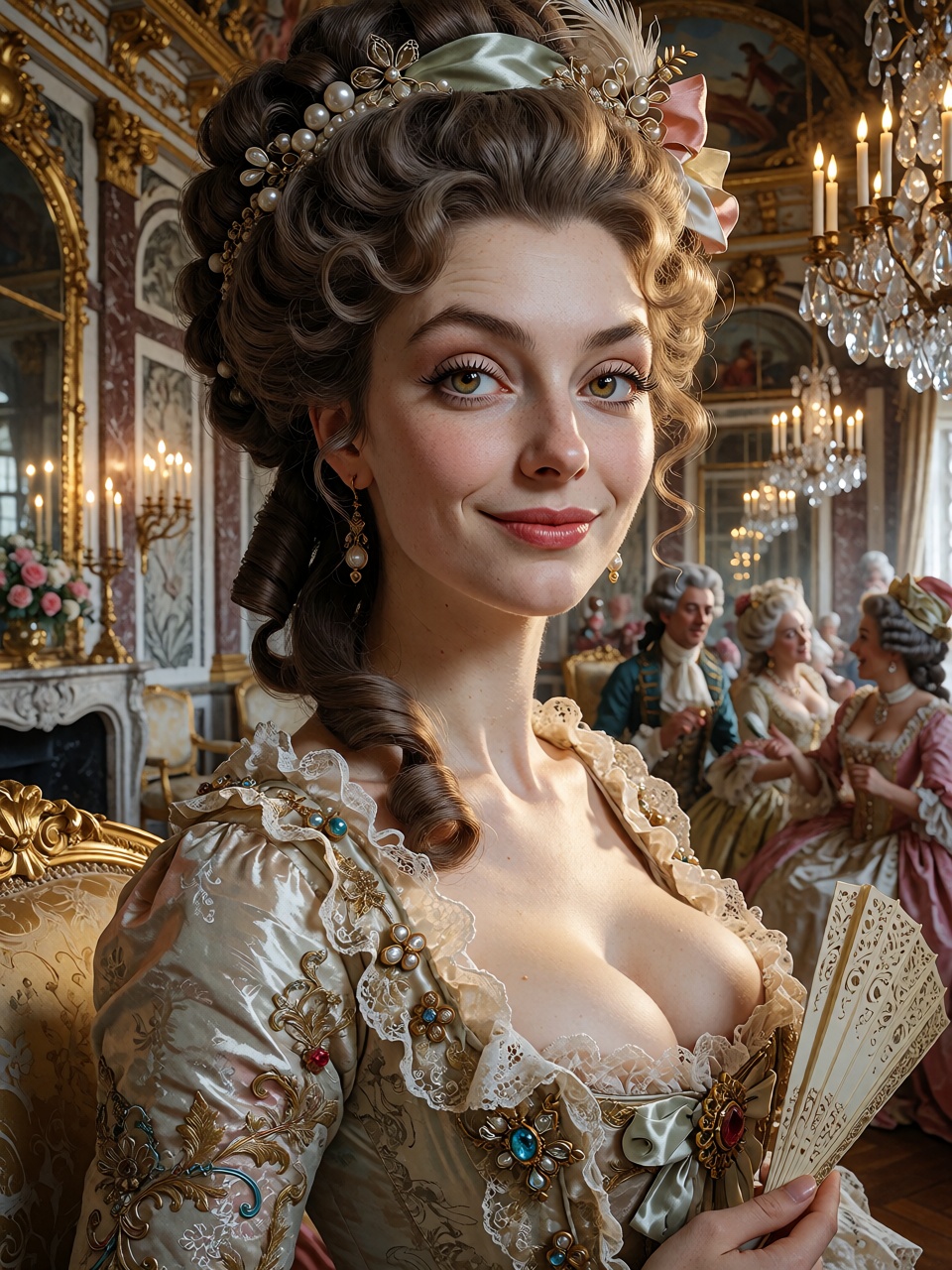 Ultraa€‘realistic cinematic portrait of a French noblewoman in the late 18th century,  standing in a luxurious Versailles...