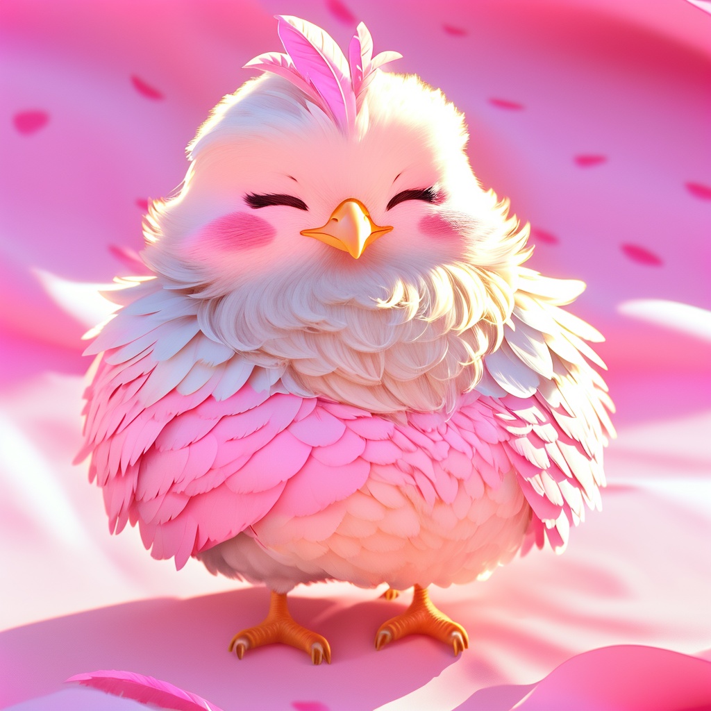 youji, chicken, fluffy, sunlight, light particles, ^ ^, whiskers, cute, cc-color-correction, mf-movie-filter, warm colors, whimsy and dramatic lighting, white fur, soft lighting, chicken focus, no humans, closed eyes, pokemon \(creature\), bird, full body, standing, blurry, blush stickers, crossed arms, pink theme, blush, talons, pink background, beak, facing viewer, feathers<lora:youji_v1:0.8>,