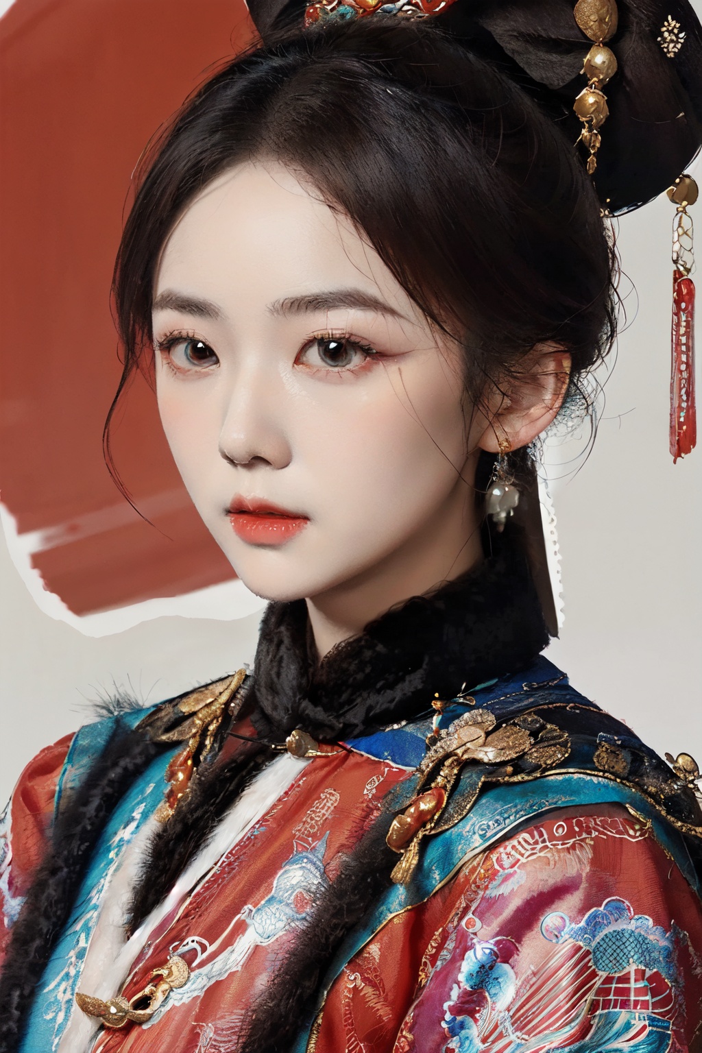 masterpiece,best quality,close-up,<lora:清代宫廷人设:1>,princess of the qing dynasty,hair_bun,qing dynasty clothing,portrait,ancient china,solid color background,