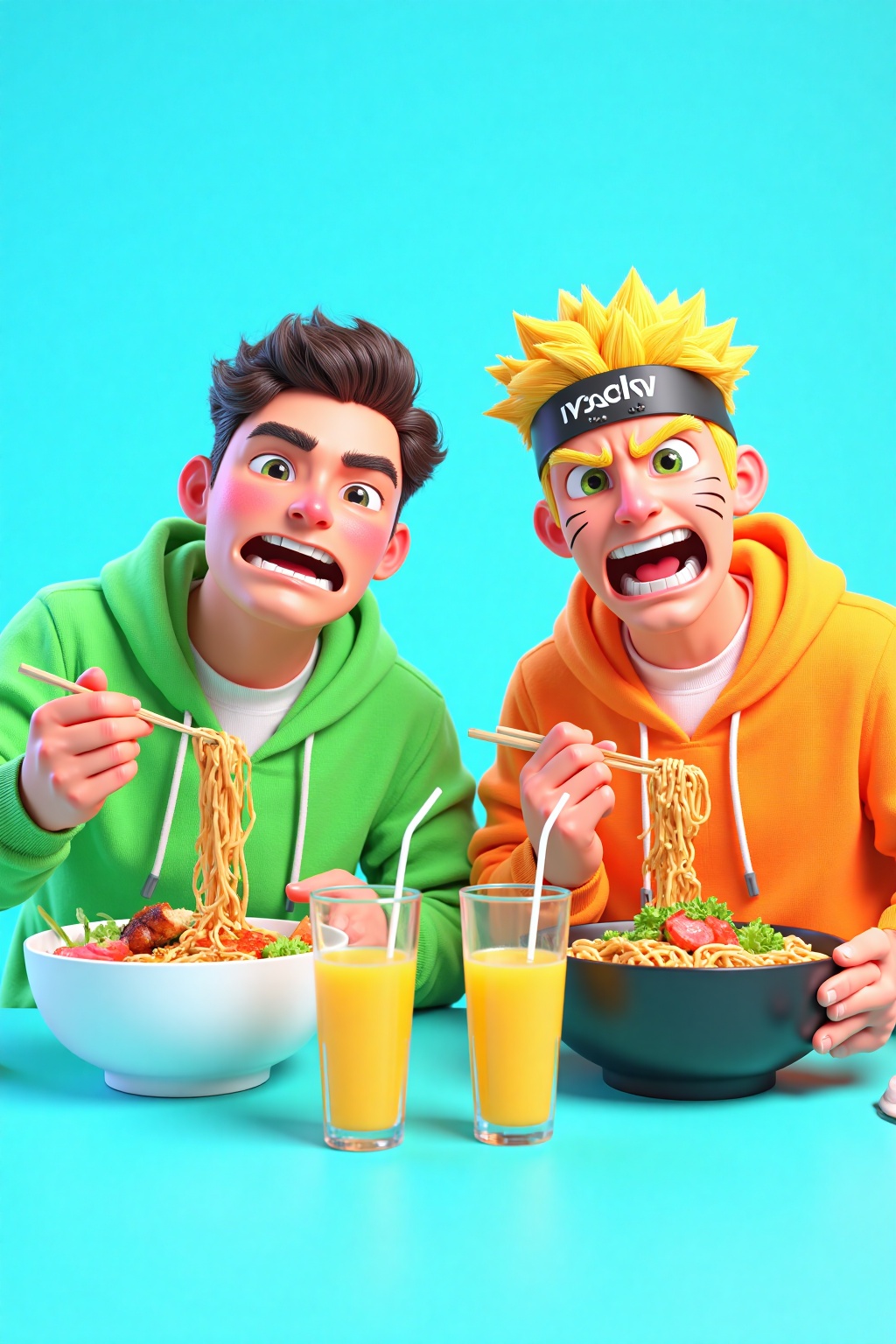 beijihui,Captured on a vibrant blue backdrop, two cartoon characters are seated at a table. The character on the left is wearing a green hoodie, while the one on the right is wearing an orange hoodie and a black headband with the word "vady" written on it. Both characters are holding chopsticks in their hands. They are eating a bowl of noodles, which is filled with a variety of food. Two glasses of orange juice are on the table in front of them.