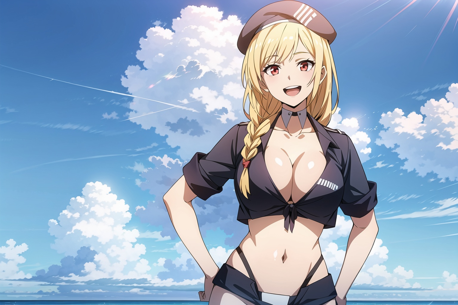 masterpiece,best quality,(beach),sky,1girl, beret, blonde hair, braid, long hair,single braid,red eyes, solo,((black bikini)),(huge breasts),short sleeves,(smile),open mouth,looking at viewer,hands on hips, <lora:sailika:0.6>, <lora:add_detail:0.5>, <lora:nijipretty_20230624235607:0.3>