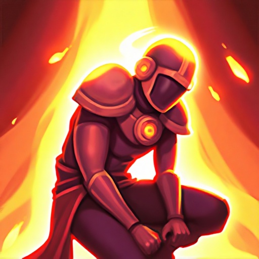 A character wearing a helmet and glowing red armor,with a fiery orange and red background. This character's posture is bent over,with a halo above their head,clear quality,high quality.,