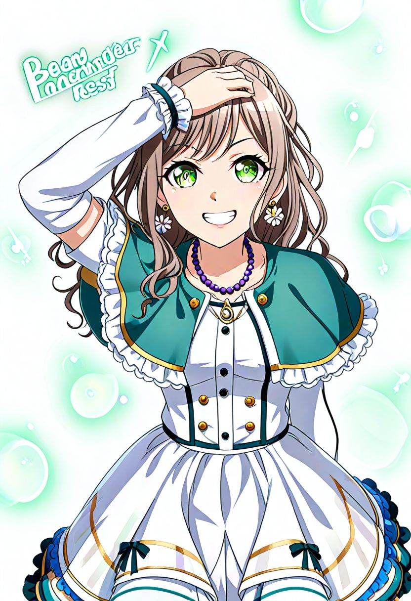 1girl, imai lisa, bang dream!,  long sleeves, cassette tape, german text, shirt, simple background, hand up, grin, arm on own head, jewelry, white background, necklace, green eyes, long hair, grey hair, frilled wrist cuffs, beads, hair ornament, cowboy shot, capelet, white skirt, earrings, green capelet, skirt, white shirt, arm at side, frills, looking at viewer, bead necklace, solo, frilled capelet, smile, open clothes, arms up, buttons, parted hair, flower earrings, masterpiece, best quality, absurdres, safe