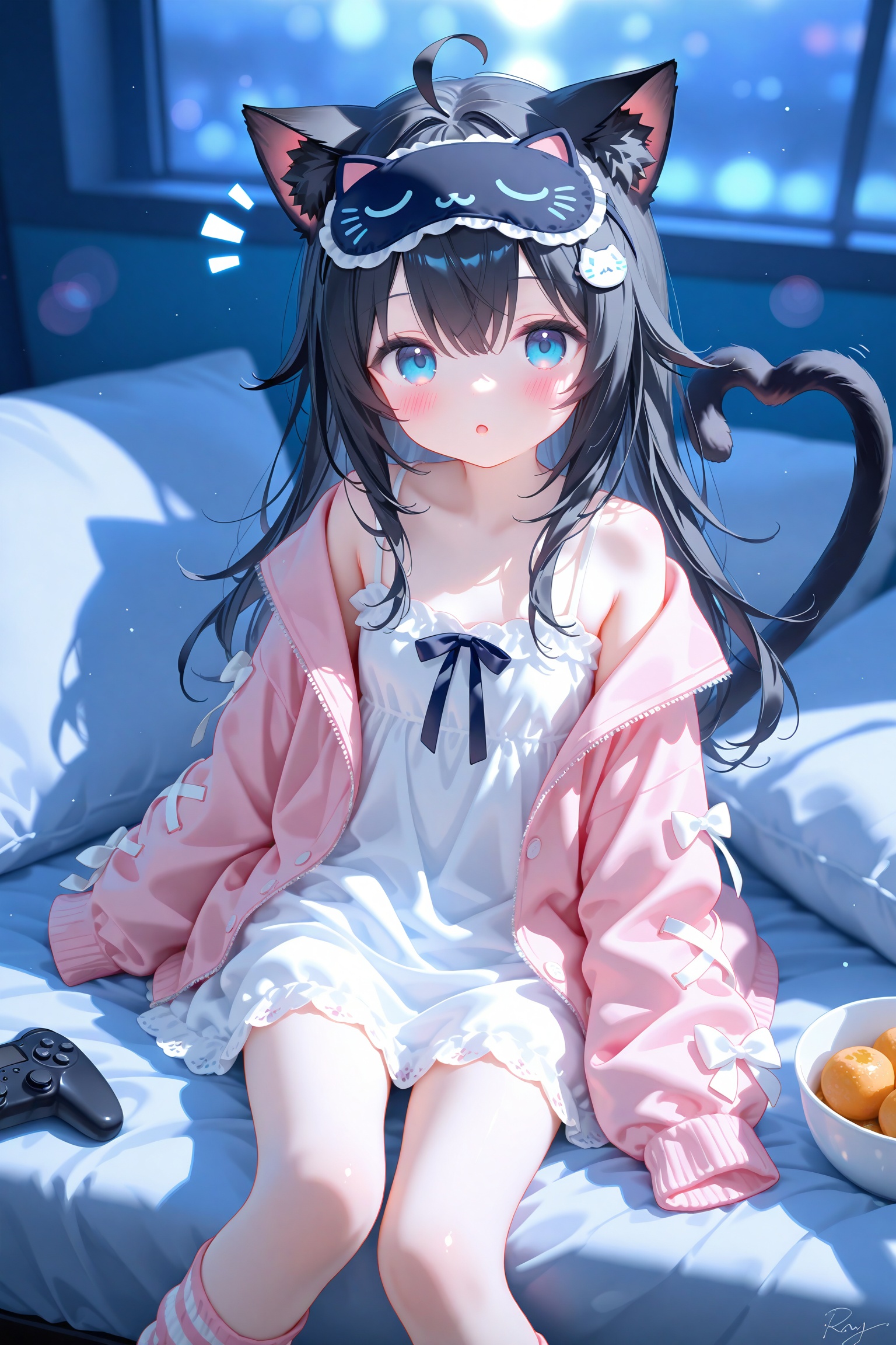masterpiece,very aware,highres,absurdres,newest,best quality,high quality,loli,petite,chromatic_aberration,Light Blue Theme,lens_flare,dynamic_angle,cinematic_angle,//,1girl,solo,long hair,looking at viewer,blush,bangs,blue eyes,black hair,hair ornament,long sleeves,dress,bow,animal ears,hair between eyes,bare shoulders,sitting,collarbone,jacket,tail,ahoge,heart,parted lips,food,open clothes,socks,puffy sleeves,virtual youtuber,cat ears,signature,off shoulder,white dress,:o,open jacket,cat tail,animal ear fluff,sleeves past wrists,pillow,mask,feet out of frame,white bow,cat girl,camisole,puffy long sleeves,sleeves past fingers,heart hair ornament,tail ornament,notice lines,controller,mask on head,pink jacket,loose socks,cat hair ornament,white camisole,striped socks,eye mask,heart tail,sleep mask //,official art,depth of field,detailed light,blurry background,best shadow,shiny skin,cinematic lighting,ray tracing,amazing quality,very aesthetic,absurdres,beast quality,ultra detailed,newest,8K,HDR,