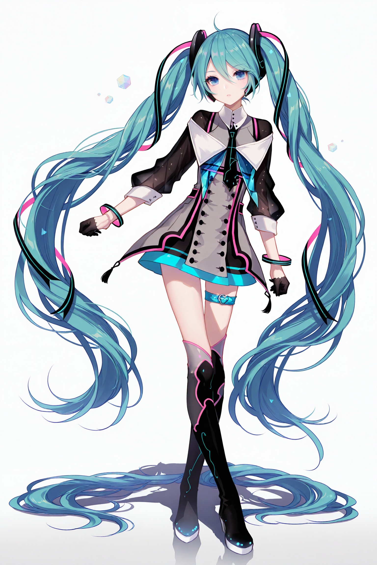masterpiece,best quality,newest,absurdres,highres,soft shadows,photorealistic,(bison cangshu:0.5),(fuzichoco:0.6),(rimuu:0.5),(mignon:0.5),(sheya:0.6),<lora:mmiku:1>,magical mirai miku \(2015\),skirt,jacket,boots,bracelet,hair ornaments,hair ribbon,thigh strap,half gloves,full body,