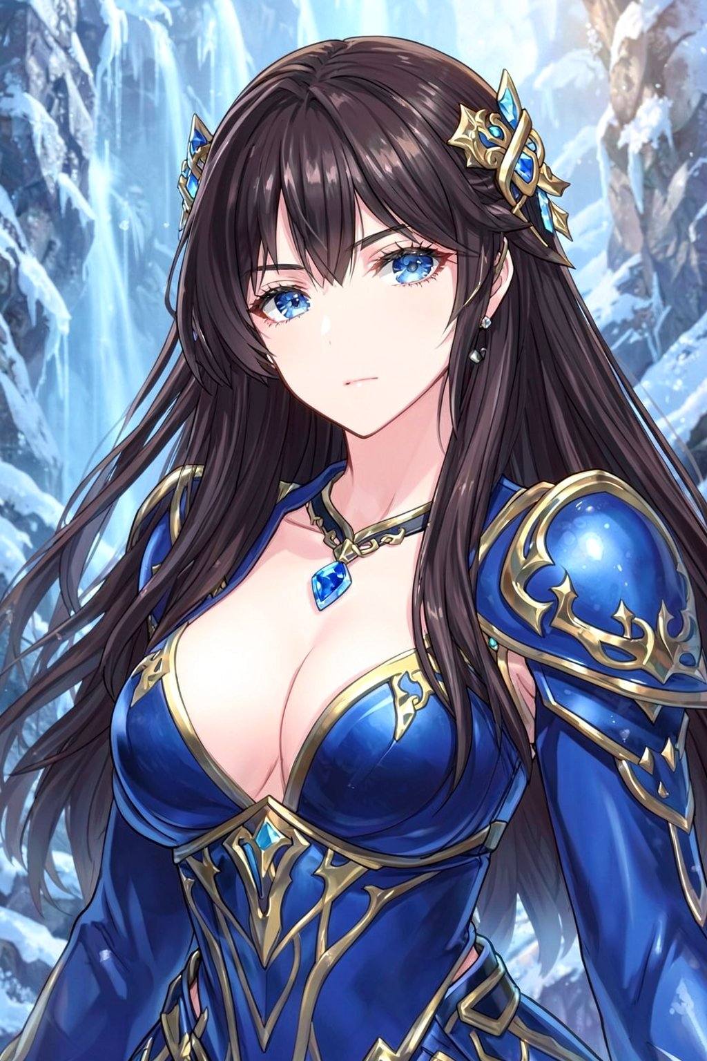 <lora:20260210_TinFlux2KleinAnimeLora2:0>, This is a highly detailed, digital anime-style artwork of a beautiful, young, fair-skinned woman with long, flowing, dark brown hair adorned with gold and blue ornate headpieces. She has striking, large blue eyes with a gentle, almost melancholic expression. She wears an elaborate, blue and gold armored outfit with a low-cut top that accentuates her ample cleavage, and a blue gemstone pendant at her collar. The background features a serene, icy landscape with cascading waterfalls and snow-covered rocks, adding a sense of fantasy and elegance to the scene. The lighting is soft, highlighting her flawless skin and the intricate details of her attire.