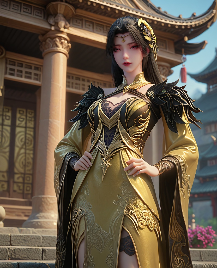 (oriental architecture, elegant decor, sophisticated style:1.1),(Hands on hips, facing the camera,:1.1),(breasts:1.2),<lora:XL16长生界柳如烟:0.95>,miss liuruyan,yellow dress,pink eyes,black hair,long hair,hair ornament,shoulder trim,black lace bra,mole,wide sleeves,overskirt,, score_9,score_8_up,score_7_up,score_6_up,score_5_up,score_4_up,3d rendering,tag1,tag2, Cinematic Lighting,backlighting,