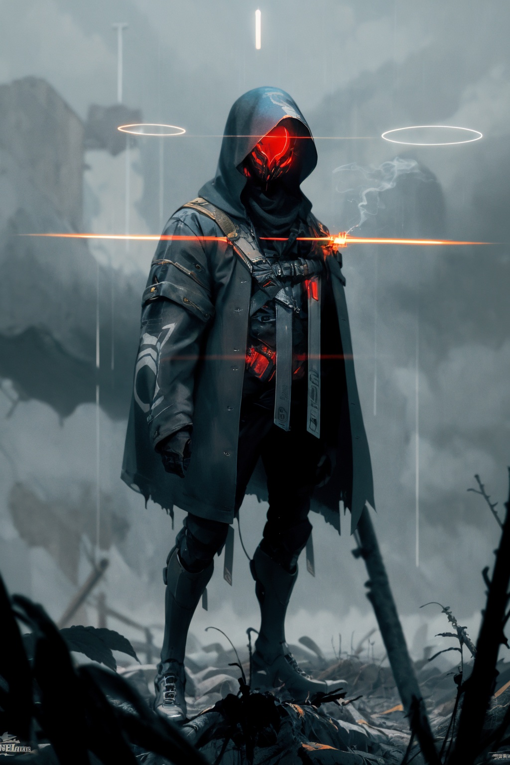 -weapon, solo, gun, 1boy, standing, mask, weapon on back, male focus, full body, 1other, science fiction, blurry,<lora:Apocalypse Aso_20240119162949:1>,Apocalypse Aso,