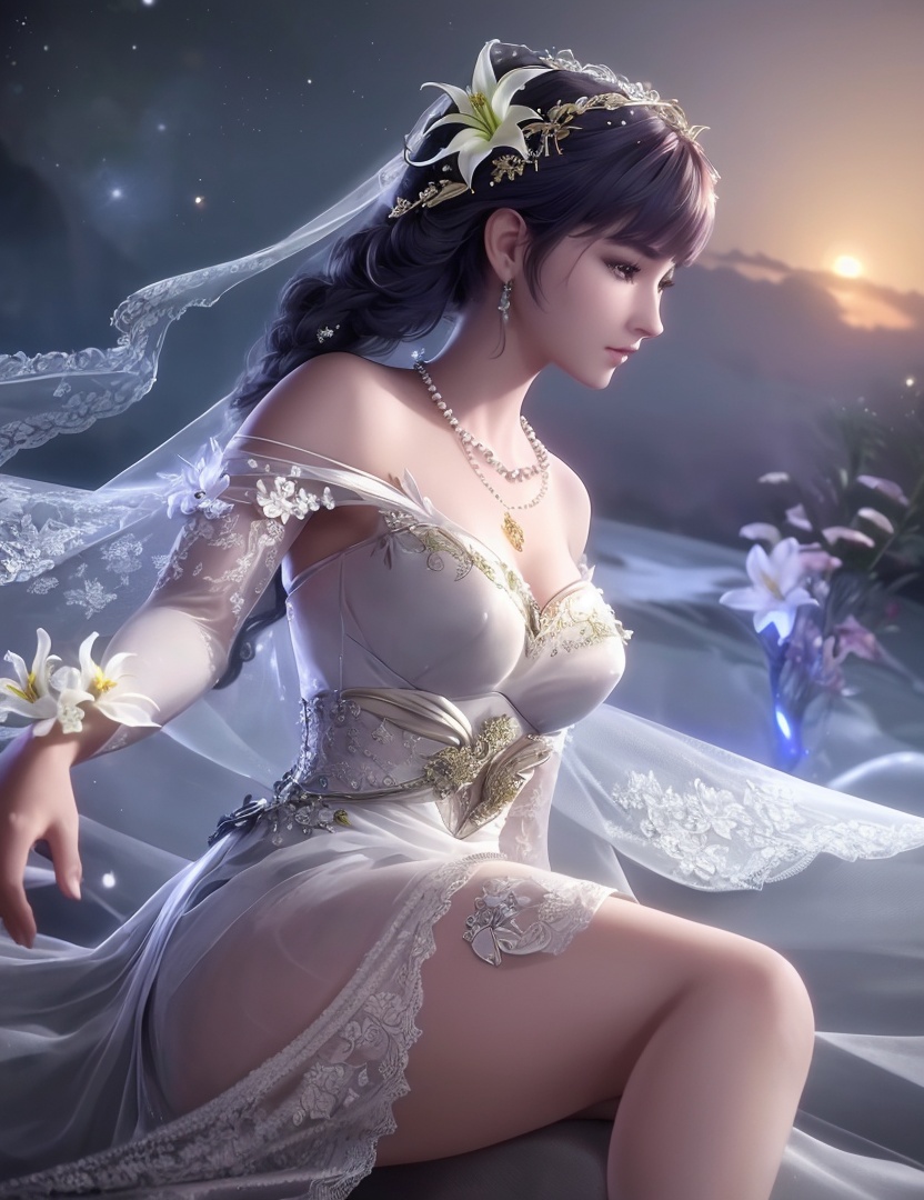 ultra realistic 8k cg, picture-perfect face, flawless, clean, masterpiece, professional artwork, famous artwork, cinematic lighting, cinematic bloom, perfect face, beautiful face, fantasy, dreamlike, unreal, science fiction,   lace, lace trim, lace-trimmed legwear,  (rich:1.4), prestige, luxury, jewelry, diamond, gold, pearl, gem, sapphire, ruby, emerald, intricate detail, delicate pattern, charming, alluring, seductive, erotic, enchanting, hair ornament, necklace, earrings, bracelet, armlet,halo((,1girl, pov,))  ((, 1girl, solo, star_\(symbol\),lily \(flower\),hair flower, wedding dress, jewelry))<lora:DA_BaiChenXiang:0.6>