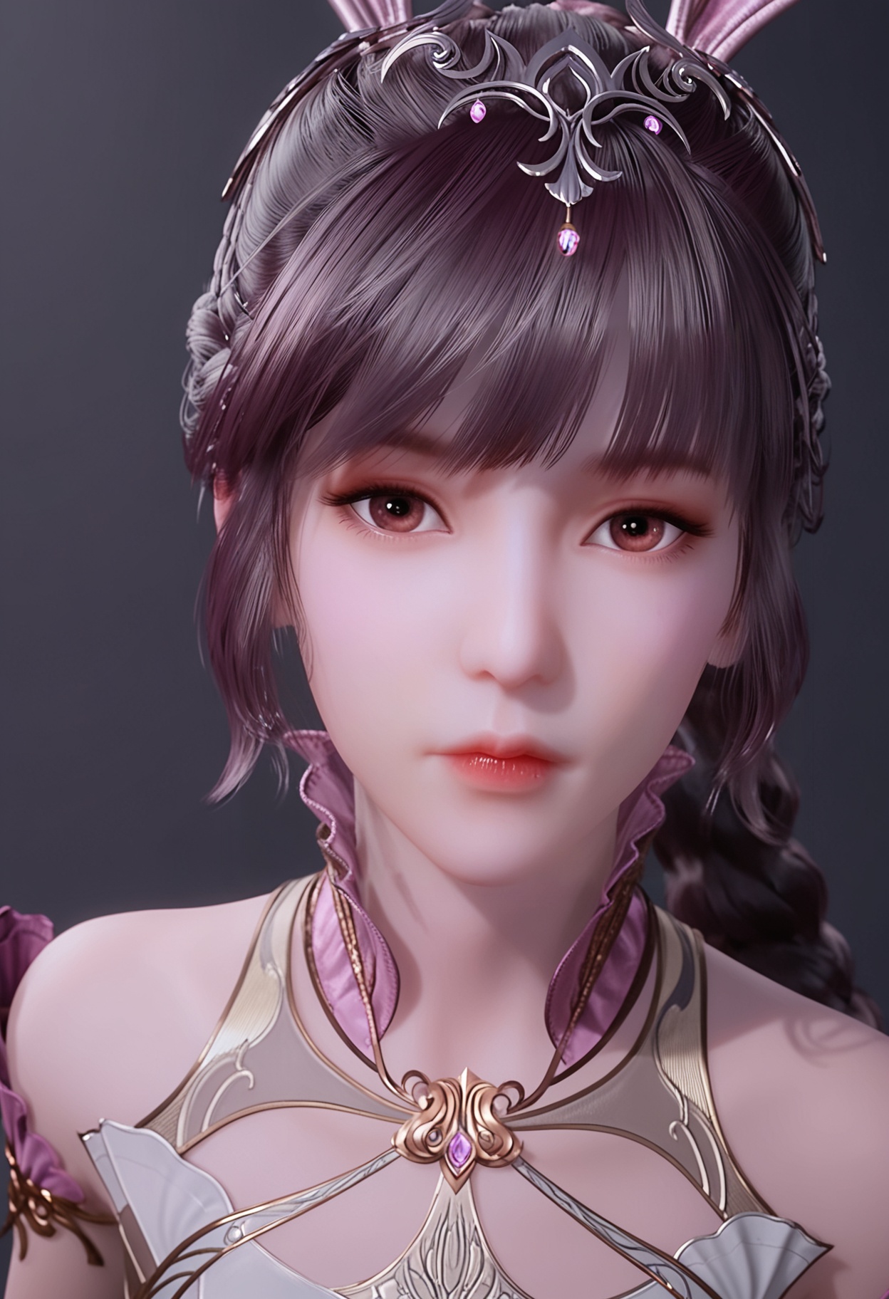 (looking_at_viewer:1.2),upper_body,<lora:YQ_pony_xiaowu_fuzhuang2_V5:0.8>,q1528437228,1girl,solo,hair ornament,long hair,dress,black hair,rabbit ears,animal ears,ponytail,brown hair,collar,metal collar,braid,pantyhose,(high heels:0.8),brown eyes,blunt bangs,braided ponytail,jewelry,simple background,pure black background,black background,