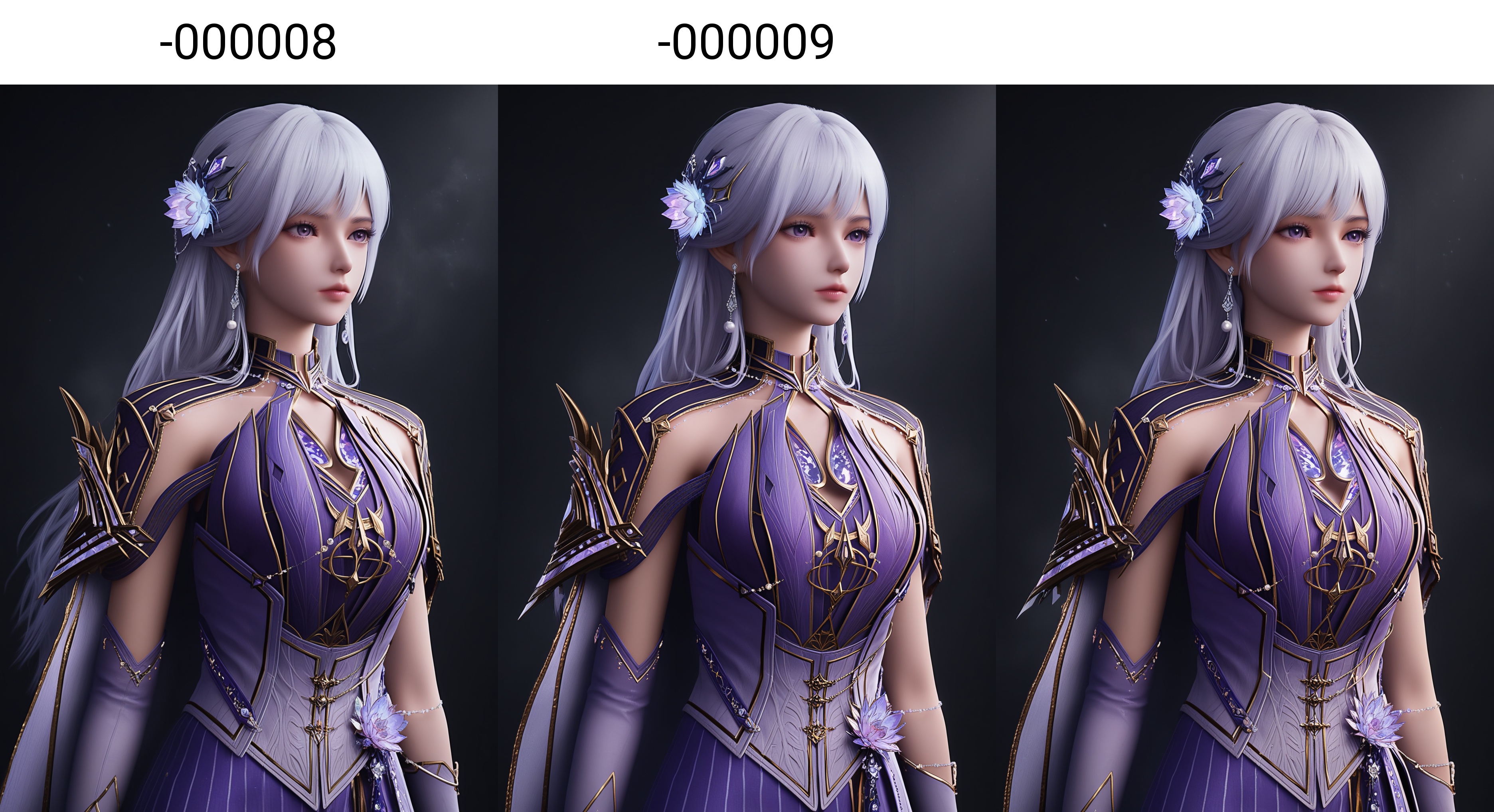 (score_9),masterpiece,best quality,absurdres,highres,(white_skin),light_skin,BREAKcollarbone,<lora:彩儿-ill-000008:0.8>,caier,1girl,solo,long hair,hair ornament,jewelry,earrings,hair flower,purple eyes,white hair,chinese clothes,shoulder armor,belt,long dress,forearm sleeve,looking at viewer,front view,BREAKsimple background,black background,Tyndall effect,fog,