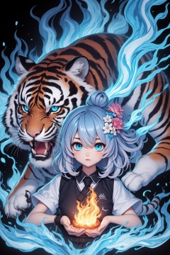 girl and tiger,1girl, colorful, flower, hair ornament,multicolored hair, gradient hair, solo,(Blue fire tiger:1.3), blue fire, glowing eyes,water, floral print,animal,abstract,colorful background,<lora:kim_画虎_v1:0.6>