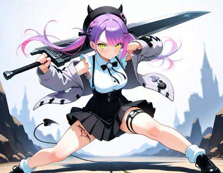 masterpiece, best_quality, very_aesthetic, highres, absurdres, ultra detailed,   holding weapon, fighting stance, holding  buster sword,huge weapon<lora:negXL:0.5> <lora:buster_sword_IL:1>  hololive, tokoyami towa \(jirai kei\), hololive