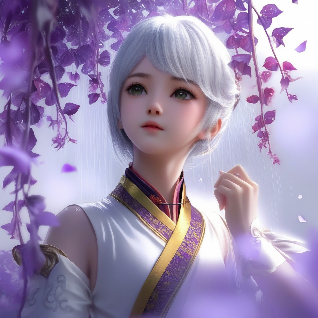 <lora:845-DA-XL-元龙-高瑶:0.8>, (masterpiece),(best quality),illustration,ultra detailed,hdr,Depth of field,(colorful),loli,white background,Dundar effect,a lot of purple vines,vines covering half of the painting,delicate plant details,a girl,girl,petite girl,long white hair,golden pupils,white dress,bare feet,side,side,upper body,head up,sad eyes,rain,light,figure light,petals,purple filter,left,fog,dream,unreal,Blur,float light,