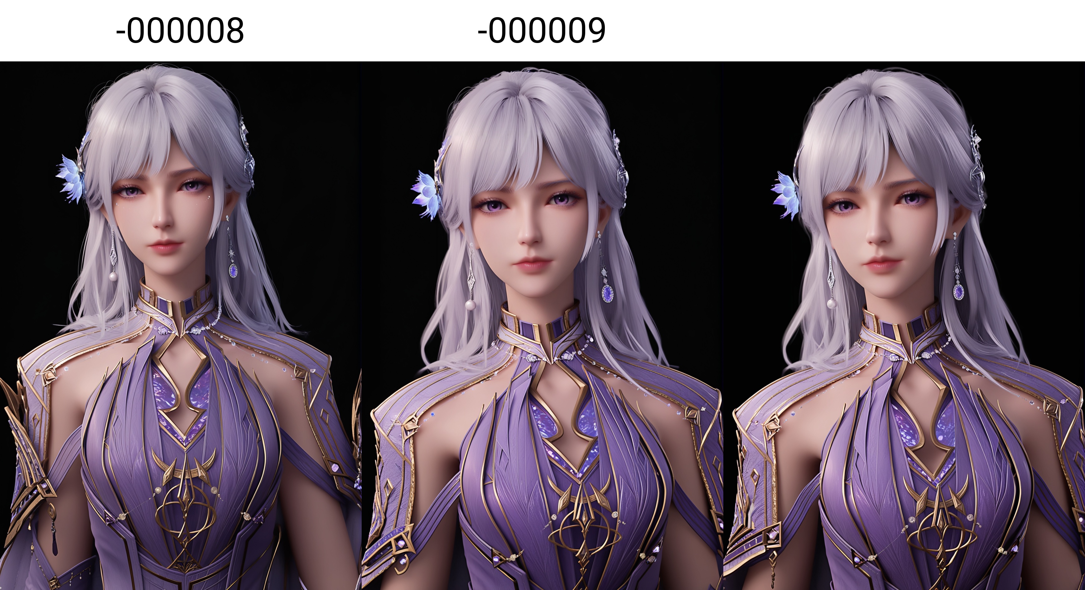 (score_9),<lora:圣彩儿-apony-000008:0.83>,caier,solo,1girl,long hair,jewelry,hair ornament,earrings,hair flower,white hair,lips,chinese clothes,shoulder armor,belt,forearm sleeve,long dress,<lora:Expressive_H-000001:0.8>,(soft purple eyes),purple eyes,light blush,looking at viewer,front view,(mature_female),collarbone,(glamor:1.2),curvy,pointy breasts,puffy breasts,<lora:e肤色滑块:0.35>,((white_skin)),<lora:RealisticSkinv1_ponyv6_loraplus:0.25>,real skin,realistic,simple background,black background,ultra-detailed skin texture,detailed textures,4K ultra HD,high detail,