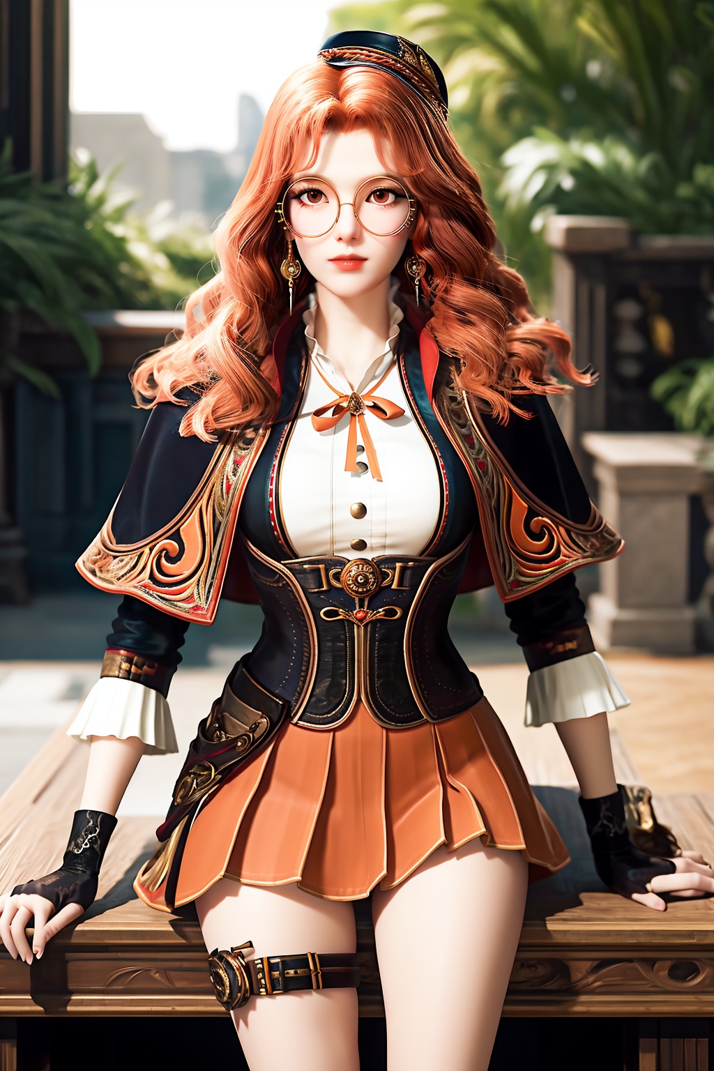 (best quality,masterpiece:1.2),ultra detailed,8k,RAW photo,realistic,photorealistic,ultra-detailed,intricate detail,extremely detailed,delicate pattern,looking at viewer,<lora:C_绝世唐门_橘子_JUNE:0.7>,1girl,solo,juzi,hat,glasses,long hair,jewelry,earrings,curly hair,wavy hair,round eyewear,mini hat,orange hair,belt,ribbon,capelet,long sleeves,corset,skirt,fingerless gloves,thigh strap,standing,sitting,