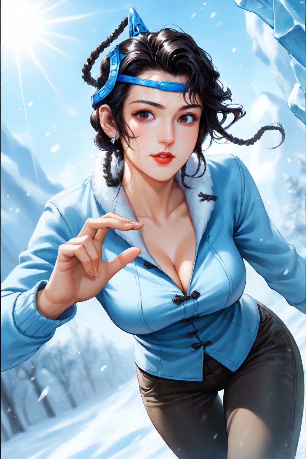 safe_pos,score_9,score_8_up,score_7_up,yuanshen,1girl,solo,black hair,brown eyes,braid,lips,hair rings,lipstick,headband,winter clothes,pants,large breasts,cleavage,leaning forward,looking at viewer,cowboy shot,nice hands,<lora:pony神兵玄奇-北冥雪:1>,(highres, high quality:1.3),intricate details,sharp focus,depth of field,outdoors,sunlight,soft focus,bright skin,Holy lighting,white skin,mature female,beautiful detailed sky,overexposure,dynamic pose,dynamic angle,<lora:add-detail-xl:0.5>,mature female,curvy,shiny skin,oiled skin,Expressiveh,winter,snow,snowing,ice,ice magic,