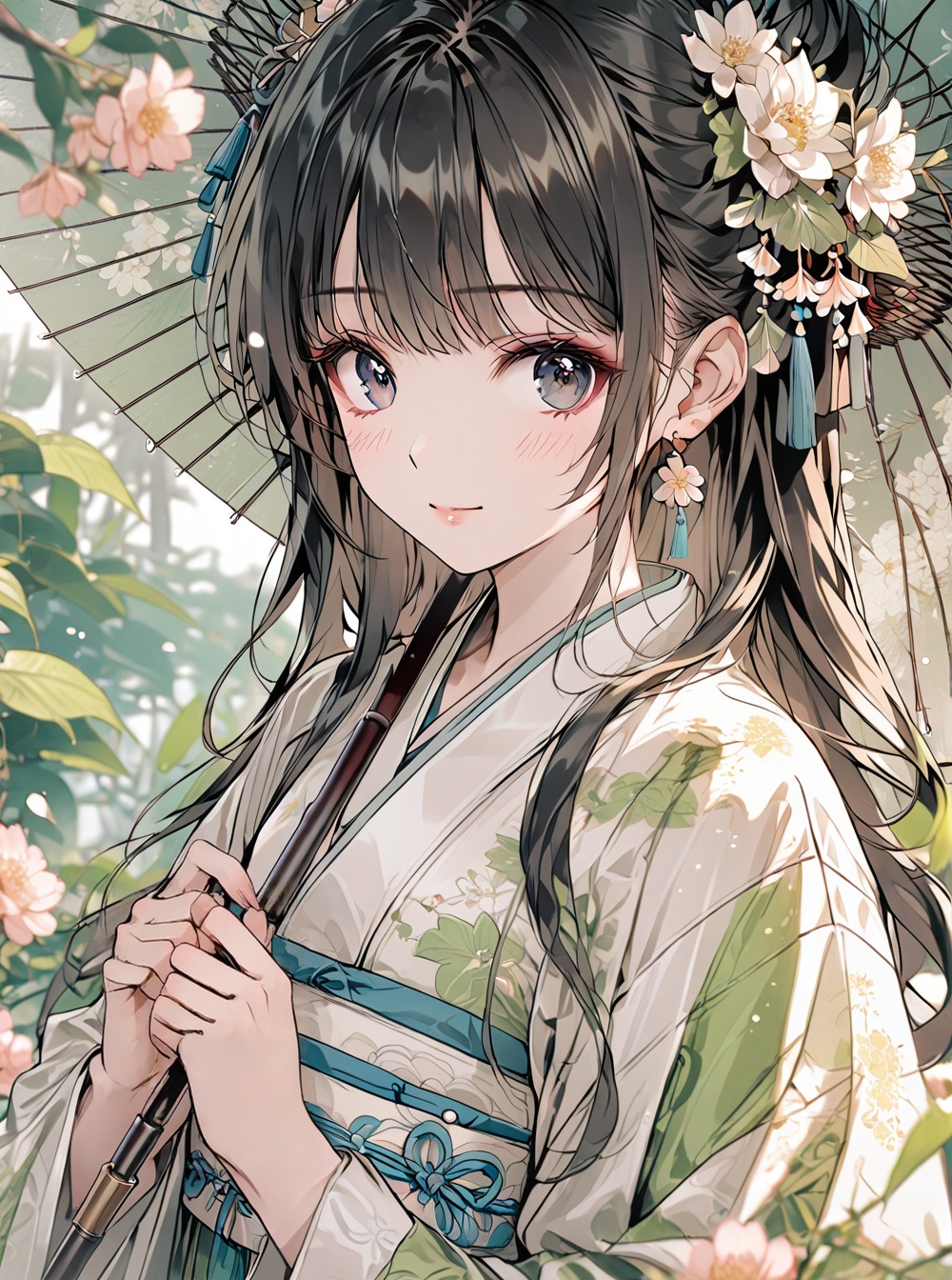 Hanfu,O,1girl, solo, umbrella, black hair, jewelry, flower, earrings, long hair, holding, holding umbrella, looking at viewer, bangs, hair ornament, upper body, hair flower, rain, white flower, kimono, japanese clothes, outdoors, long sleeves, sash, closed mouth, oil-paper umbrella, leaf, chinese clothes, wide sleeves, hanfu, flower earrings, white kimono, tassel, black eyes, obi