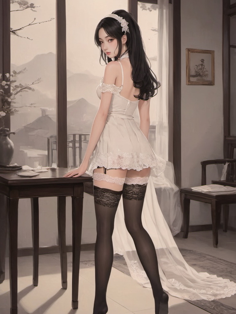 gufengsw001,1girl,solo,black long hair,bare shoulders,standing,full body,hairband,choker,looking back,from behind,white thighhighs,table,lace-trimmed legwearegwear,<lora:gufengsw001-000008:0.8>,