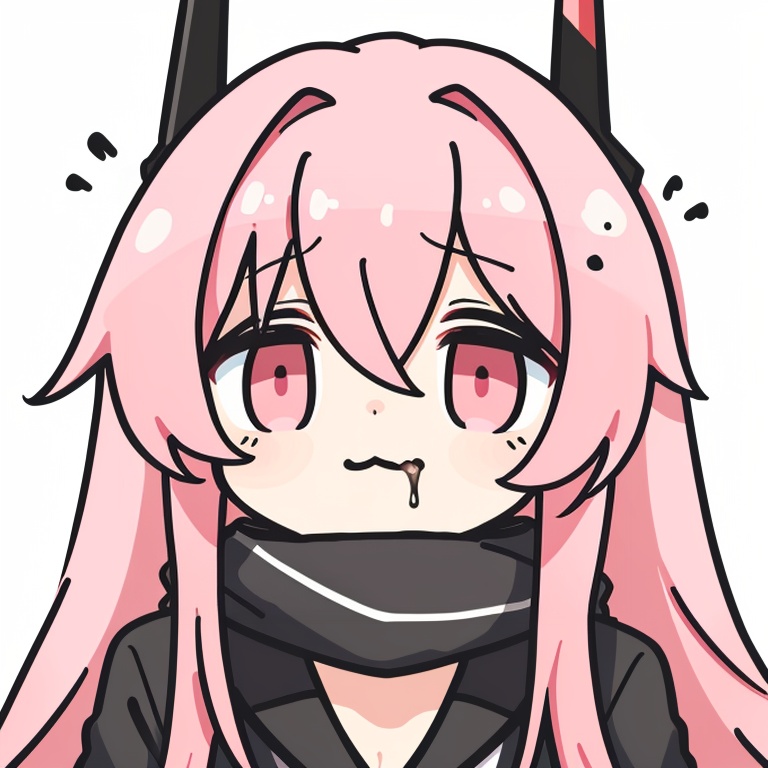 ((HRD, HUD, 8K)),((masterpiece, best quality)), highly detailed, soft light,EmojiPack, 1girl, solo, pink hair, long hair, white background, simple background, horns, pink eyes, drooling, looking at viewer, portrait, hair between eyes, chibi, black scarf, saliva, bangs, scarf, :3, closed mouth, shaded face, <lora:20240527-1716802627504:0.8>