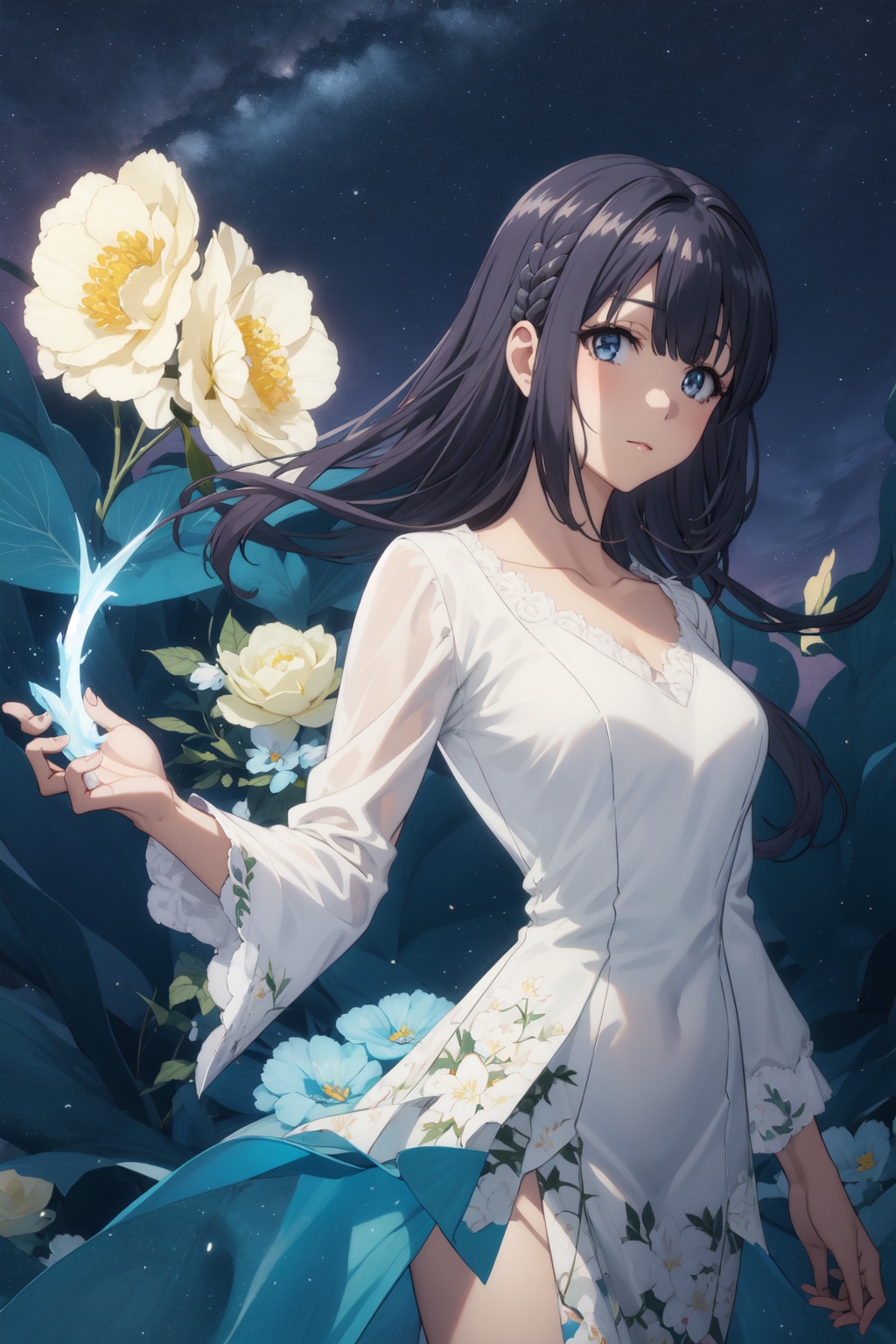 <lora:Shoko-000014:0.8>,Shoko CYQL,1girl,looking at viewer,solo,black_hair,long_hair,bangs,braid,blue_eyes,Structured peplum dress with a square neckline and a tailored fit,evil smile,full_shot,Plankton, Bioluminescent, Bay, Night, Water, Glow, Serenity, Magic,(Wildflowers, Coastal cliffs, Pacific Ocean views, Coastal breeze, Wildflower bloom, California landscape:0.5),beautiful detailed sky,beautiful detailed glow,posing in front of a colorful and dynamic background,masterpiece,best quality,beautiful and aesthetic,contrapposto,female focus,wallpaper,