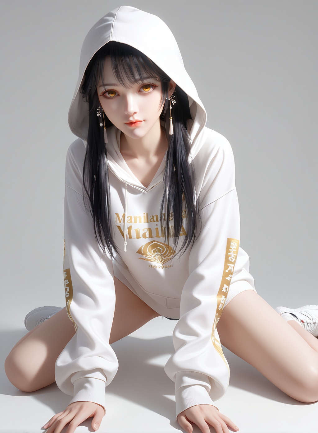 score_9,score_8_up,score_7_up,1girl,solo,hood,hoodie,socks,shoes,white footwear,white hoodie,long sleeves,long hair,hood down,sneakers,looking at viewer,simple background,earrings,grey background,sleeves past wrists,jewelry,<lora:wy_baiyuerong_XL5.0:0.8>,black hair,golden eyes,sitting,wariza,straddling,wariza,w sitting,spread legs,kneeling,