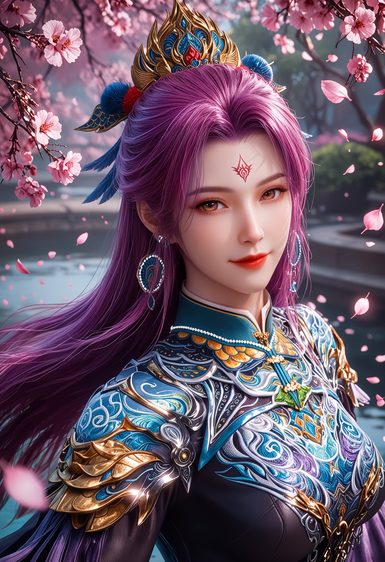 score_9,high detail,best quality,cinematic lighting,volumetric lighting,shiny skin,shiny,1girl,solo,earrings,jewelry,facial mark,forehead mark,long hair,necklace,breasts,purple hair,closed mouth,dress,smile,red lips,beads,hair ornament,realistic,brown eyes,armor,looking_at_viewer,\nBREAK\nfair_skin,white_skin,shiny_skin,Ivory_skin,(looking at viewer:1.1),(cinematic lighting:0.9),(volumetric lighting:0.9),solo focus,large_breasts,(perfect_face:1.2),(perfect_anatomy:1.1),Tranquil garden pond surrounded by cherry blossoms,Vibrant cherry blossom park in full bloom,day,suneate,<lora:QQSponysiyouyouV1:0.8>,<lora:Pony_DetailV2.0:0.8>,<lora:皮肤凹痕:0.1>,