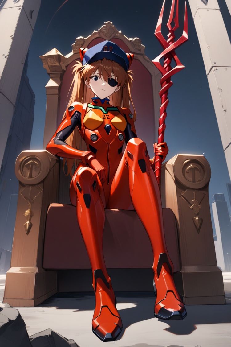 1girl, souryuu asuka langley, neon genesis evangelion, rebuild of evangelion, lance of longinus, cat hat, plugsuit, pilot suit, red bodysuit, sitting, crossed legs, black eye patch, throne, looking down, from bottom, looking at viewer, outdoors, masterpiece, best quality, very aesthetic, absurdres