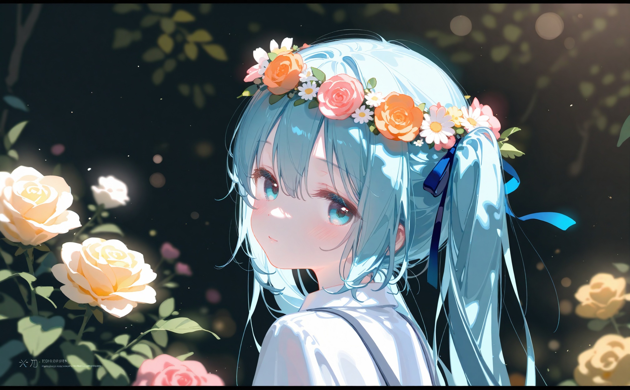 masterpiece,very aware,highres,absurdres,newest,best quality,loli,petite,high quality,chromatic_aberration,cinematic_angle,dutch angle,//,artist:ciloranko,artist:ningen_mame,artist:sho_(sho_lwlw),artist:rhasta,artist:wlop,artist:ke-ta,artist:hiten \(hitenkei\),//best,1girl,hatsune miku,solo,flower,long hair,hair ornament,dappled sunlight,branch,red flower,rose,leaf,blurry,white flower,hair between eyes,hair flower,red rose,aqua hair,aqua eyes,upper body,looking at viewer,blurry background,sunlight,depth of field,parted lips,head wreath,from side,portrait,ribbon,half-closed eyes,backlighting,english text,pink flower,closed mouth,flower wreath,sidelighting,blue eyes,hair ribbon,character name,yellow flower,blue hair,expressionless,outdoors,blush,shade,yellow rose,looking to the side,eyelashes,daisy,twintails,border,pink rose,looking up,plant,white rose,sideways glance,shirt,light particles,looking back,blue ribbon,tree shade,black border,day,close-up,light smile,very long hair,orange flower,bokeh,colored eyelashes,lips,shadow,head tilt,bloom,tree,light blush,miku day,
