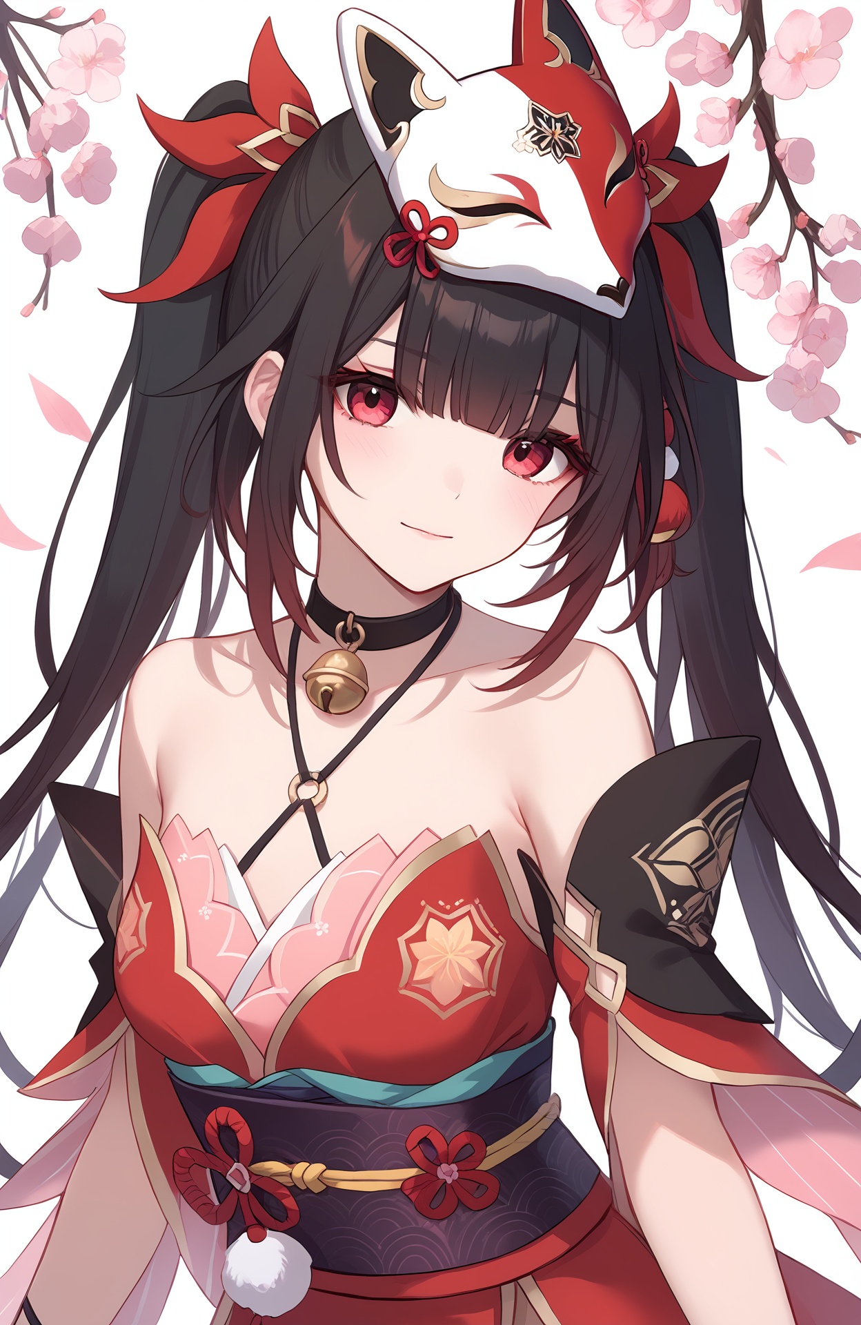 <lora:naipixa31-000019:0.0>,<lora:花火pony:1>,a girl named huahuo,huahuo,1girl,twintails,looking at viewer,fox mask,bare shoulders,mask on head,black choker,detached sleeves,obi,jingle bell,black sash,black gloves,neck bell,criss-cross halter,red nails,red dress,, (score_9,score_8_up,score_7_up),(masterpiece,best quality,high quality:1.2),absurdres,