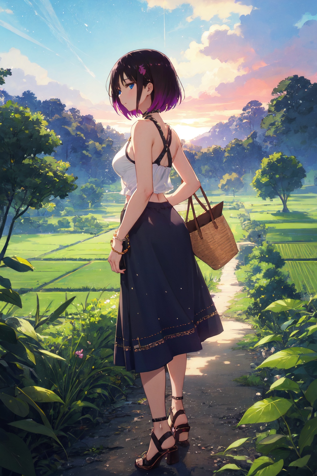 <lora:Elma-000013:0.8>,Elma CYQL,1girl,looking at viewer,solo,short hair,black hair,purple hair,multicolored hair,gradient hair,blue eyes,Cropped **** top, midi skirt, strappy sandals, woven tote, dainty bracelet,expressionless,profile,As the first light of day breaks, golden sunshine spills onto the lush green rice fields, where dewdrops sparkle like pearls embedded in the earth. The aroma of rice mingles with the scent of soil,(Epiphytes, Rainforest canopy, Canopy walk, Exotic birds, Tropical humidity, Rainforest adventure:0.5),beautiful detailed sky,beautiful detailed glow,posing in front of a colorful and dynamic background,masterpiece,best quality,beautiful and aesthetic,contrapposto,female focus,wallpaper,