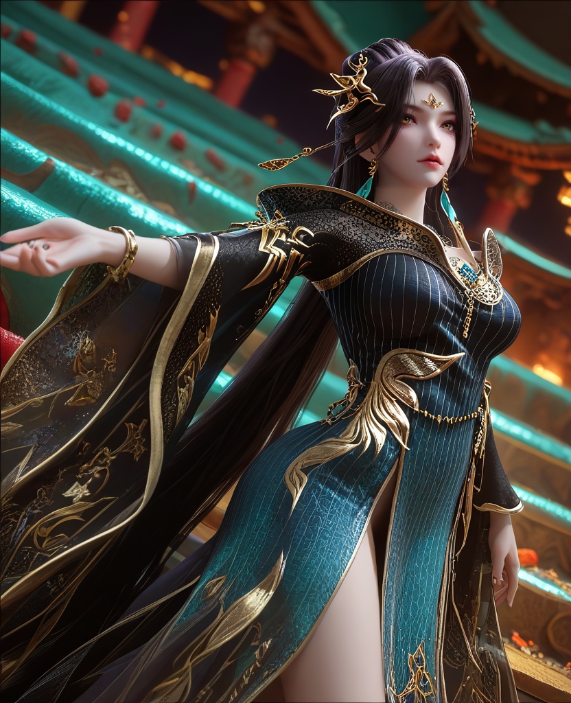 (oriental architecture, elegant decor, sophisticated style:1.1),(Thighs up, arms stretched out,:1.1),Long shot,(large breasts:1.2),<lora:XL16云深不知梦羲和第9集:0.95>,miss xihe,ombre gown,yellow eyes,forehead jewel,black hair,absurdly long hair,traditional chinese updo with long cascading hair,hair ornament,jewelry,earrings,wide sleeves,boots,eyeshadow,, score_9,score_8_up,score_7_up,score_6_up,score_5_up,score_4_up,3d rendering,tag1,tag2, Cinematic Lighting,backlighting,