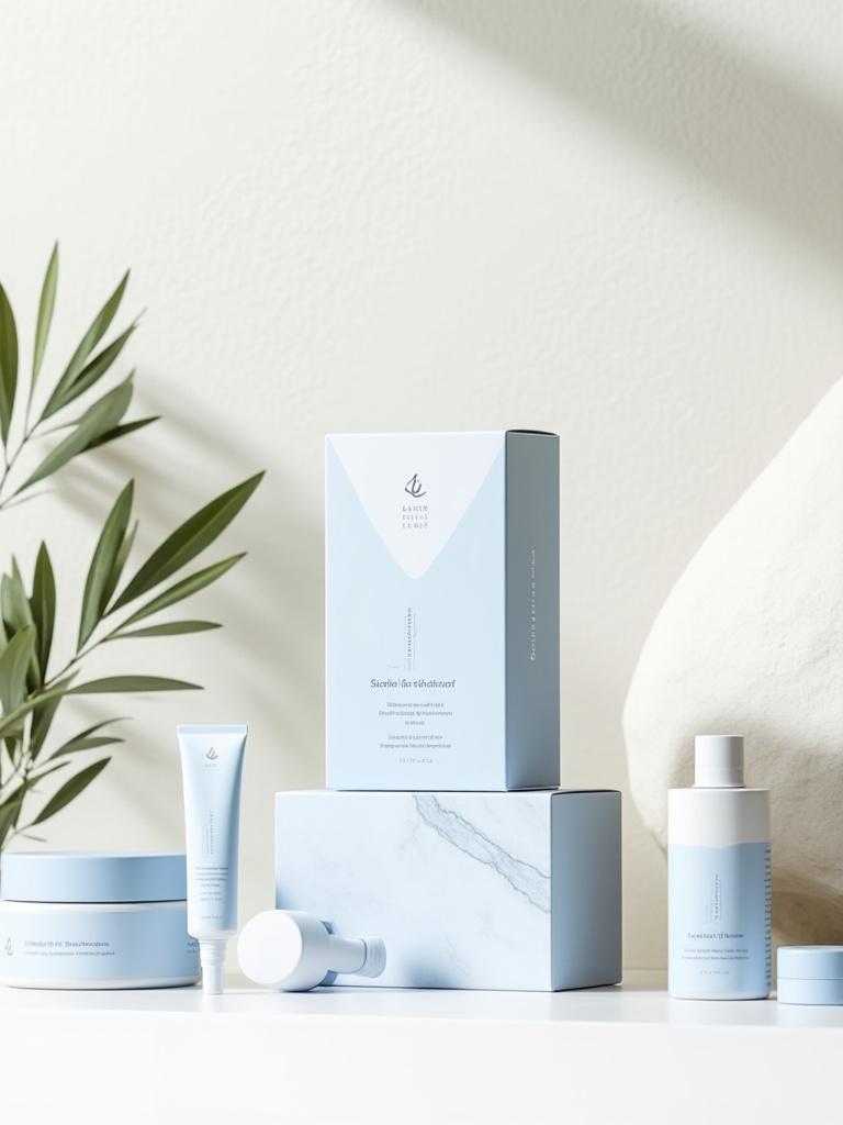 miluo_bzqx, The image is a photograph showcasing a minimalist, modern skincare product display. The background features a textured, off-white wall with a large, smooth, white rock in the upper right corner, adding a natural element. To the left, a small, lush green olive branch with slender, elongated leaves adds a touch of nature.In the foreground, a set of skincare products is arranged on a clean, white surface. The products are predominantly white with light blue accents, featuring a consistent, elegant design. The primary item is a rectangular box with a soft, matte finish, placed centrally on a light blue, marble-textured block. This box has a minimalist logo and text in a clean, sans-serif font.Surrounding the box are various skincare items, including a round, white jar with a light blue lid to the left, a cylindrical white bottle with a light blue cap and label to the right, and a small, white pump bottle with a light blue label in the center. Each item has a simple, modern aesthetic, emphasizing a clean and sophisticated look. The overall composition is balanced and visually appealing, emphasizing the products' simplicity and elegance. <lora:miluo丨包装设计-小清新-flux-1.3:1>