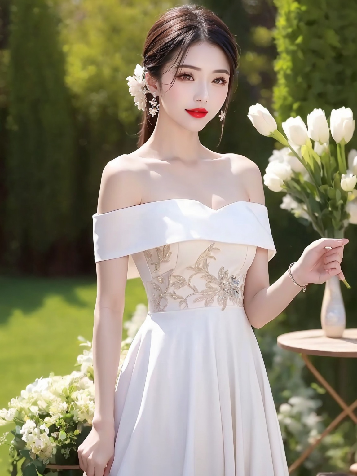1 girl,diamond earrings,see-through,headwear,with heavy makeup,red lips,Moisturizing red lips,eye makeup,upper_body,solo,front,embroidery,close-up,purple,solo,dress,<lora:清纯伴娘1.2:1>,