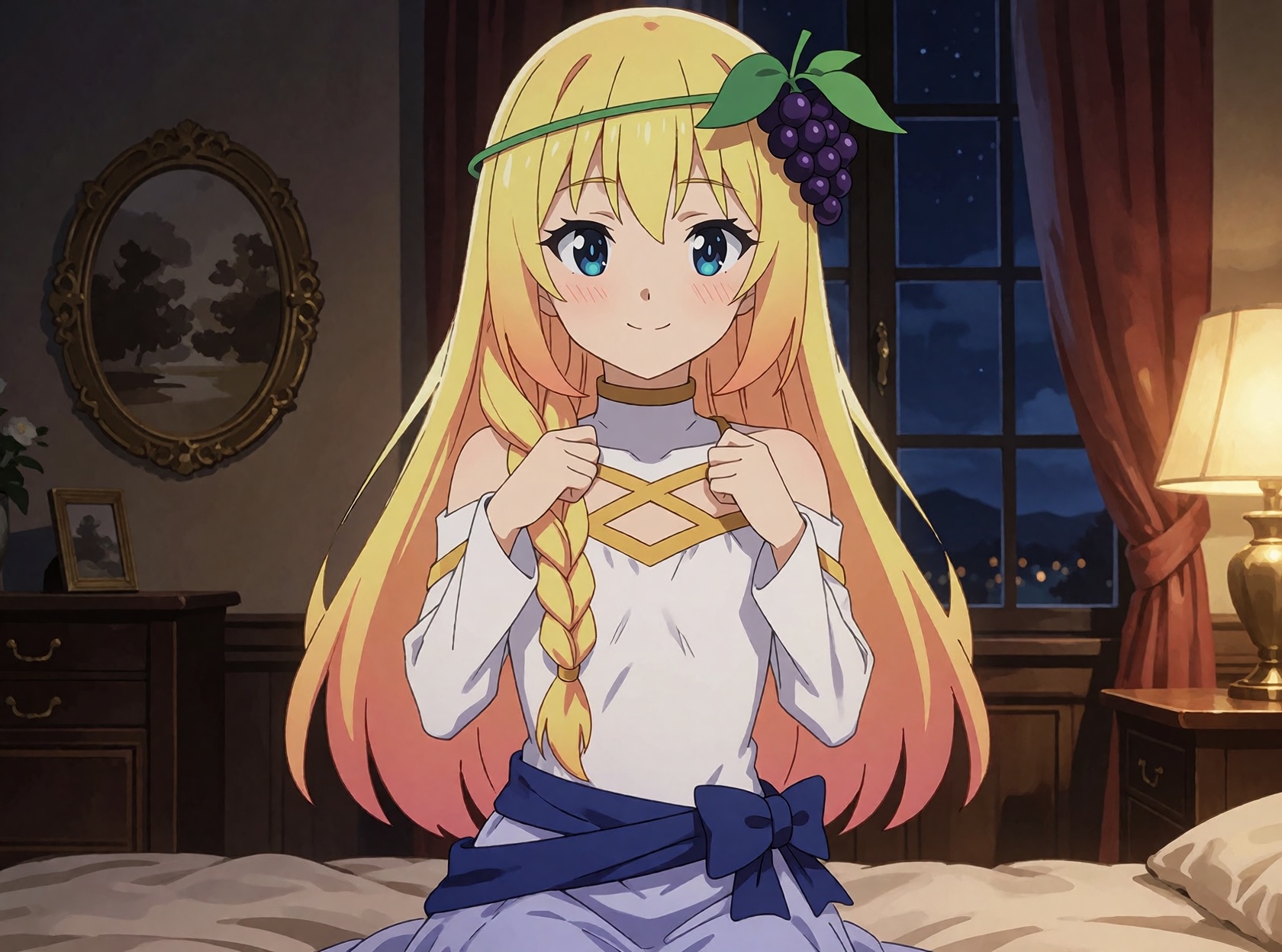Iris from KonoSuba,  a child,  sits in a bedroom at night on Tensor.Art