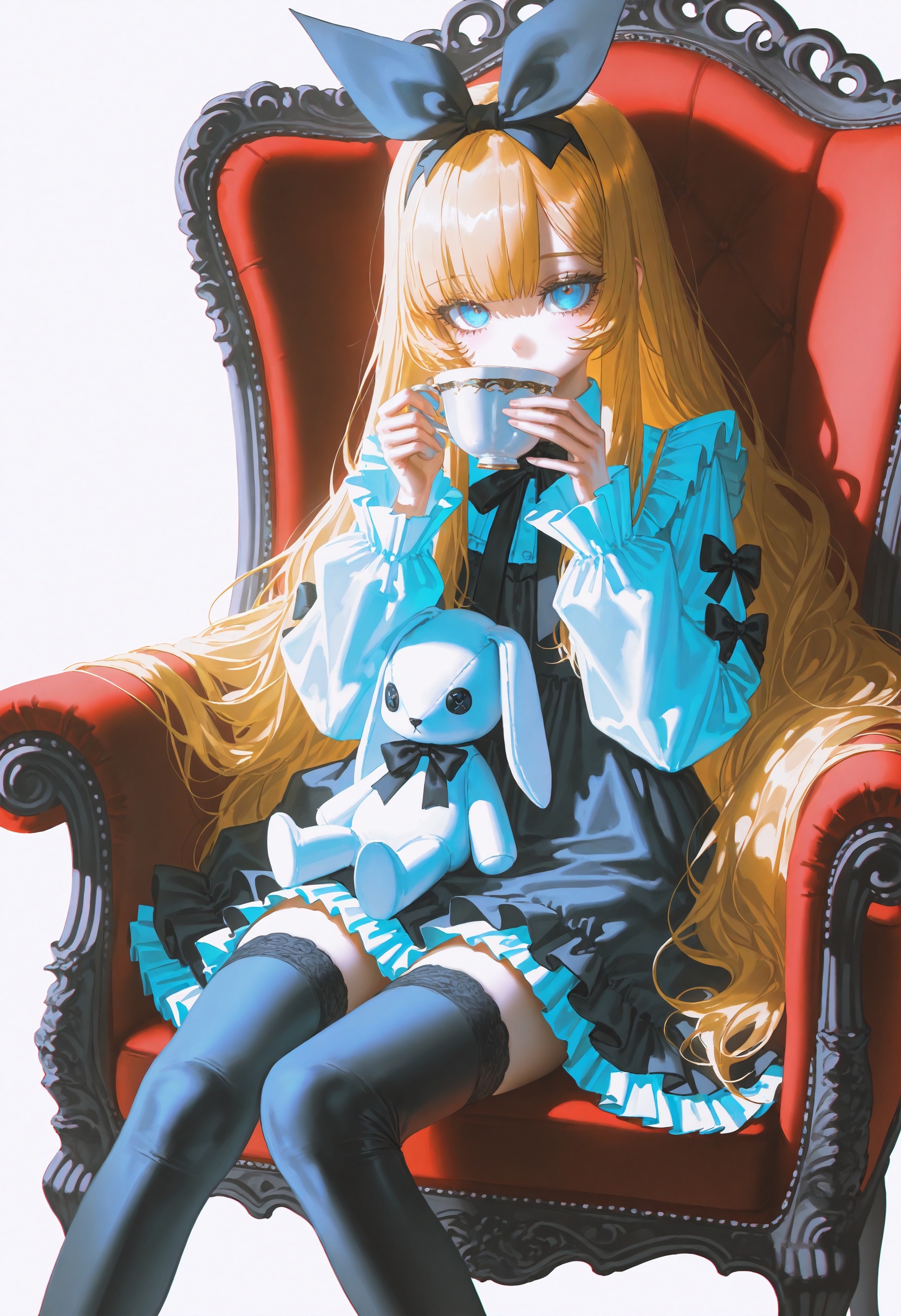 masterpiece,best quality,artist:john_kafka,artist:nixeu,artist:quasarcake,chromatic aberration,film grain,high contrast,color contrast,cold colors,gritty,graphite \\\\(medium\\\\),1girl, long hair, solo, thighhighs, blue eyes, cup, dress, stuffed toy, sitting, stuffed rabbit, very long hair, stuffed animal, holding, teacup, chair, blonde hair, looking at viewer, black thighhighs, holding cup, bow, hair bow, black bow, long sleeves, drinking, frilled dress, hairband, on chair, frills, white background