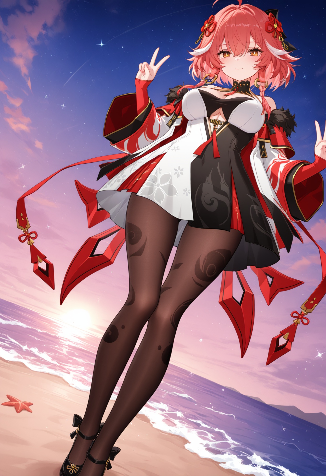 front view,from_below,<lora:noobai_vpred_1_masterpieces_v23:1>,very aesthetic,best quality,masterpiece,full_body,double_v,solo,beach,ocean,waves,gradient_sky,starry_sky,dusk,in summer,<lora:长离师尊:1>,changli,1girl,long hair,bangs,hair ornament,big breasts,ribbon,hair between eyes,bare shoulders,yellow eyes,ahoge,red hair,short hair,multicolored hair,highlighted hair,pink hair,flower,hair flower,lace stockings,exposed,sexy,<lora:锦龙吟:1>,jly,long sleeves,dress,pantyhose,black pantyhose,brown pantyhose,capelet,jacket,white jacket,fur trim,shoes,footwear,black footwear,platform footwear,heels,high heels,platform heels,